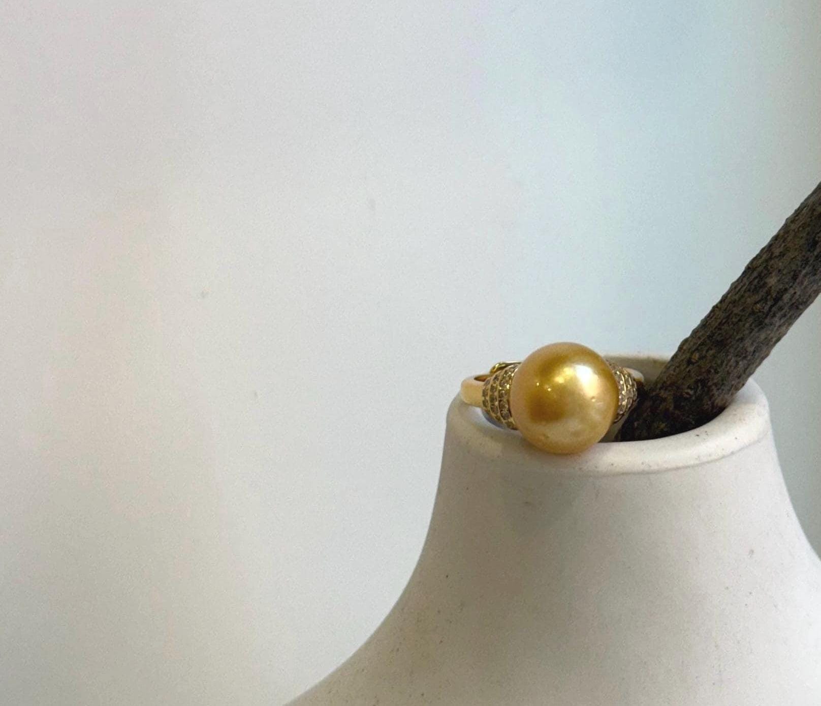 Elly’s 11.2mm South sea deep golden ocean pearl Ring: Extreme luster mirrored, S925 silver with gold plated adjustable Vintage Ring.gift for her