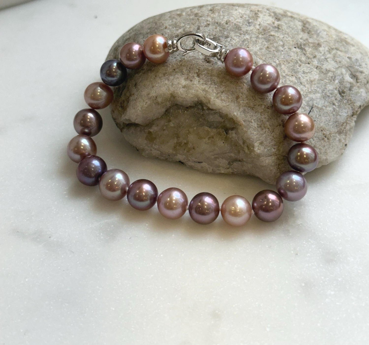 Elly’s 19pcs 9.1-10.1mm Multicolor Edison Pearls Bracelet: Extreme luster mirrored, 8.2”, S925 silver bracelet. gift for her