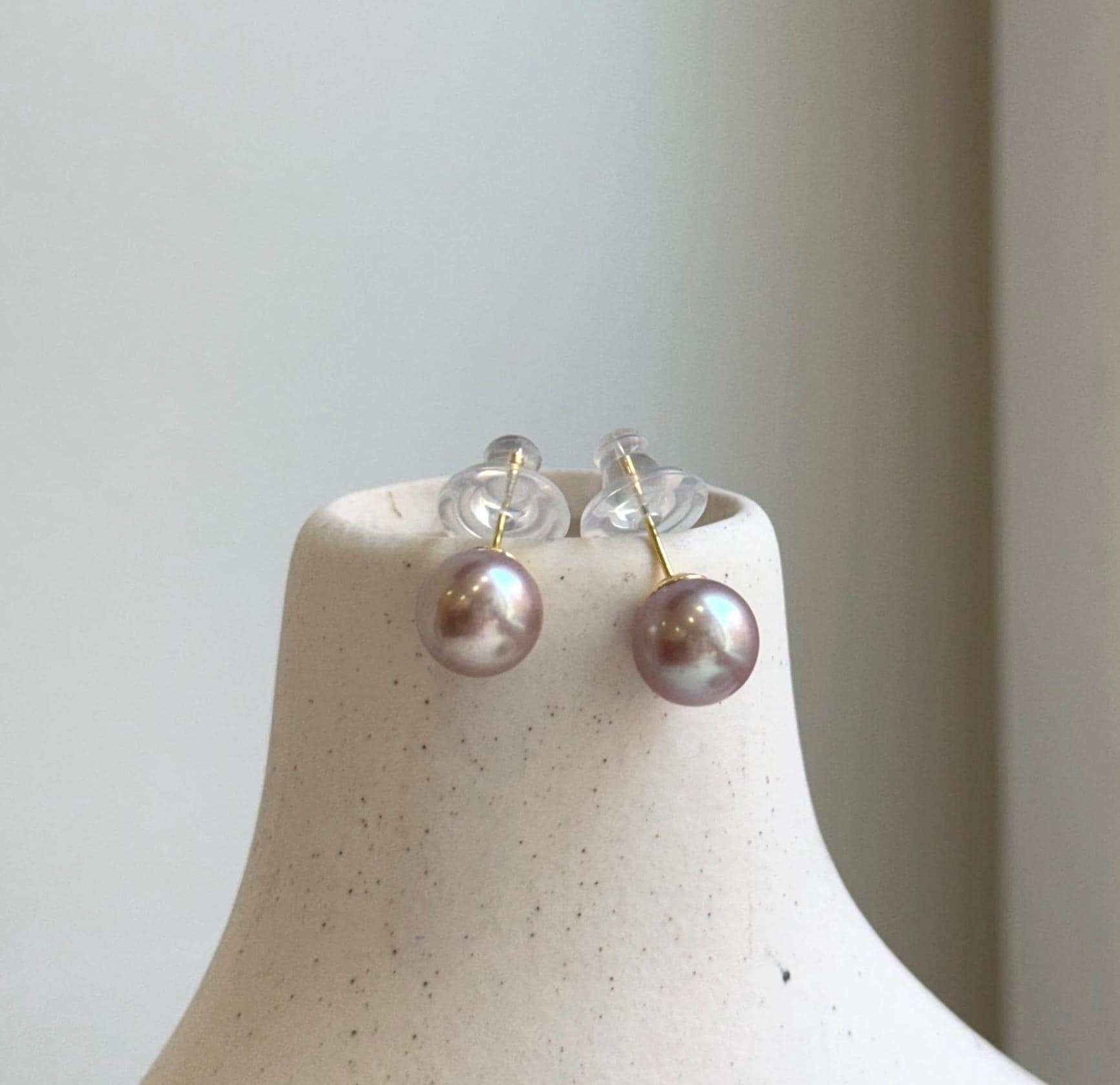 Elly’s 9mm Edison Pearls Earrings: Extreme luster Mirrored, Metallic pink rose color, S925 silver cool minimalist earrings studs.