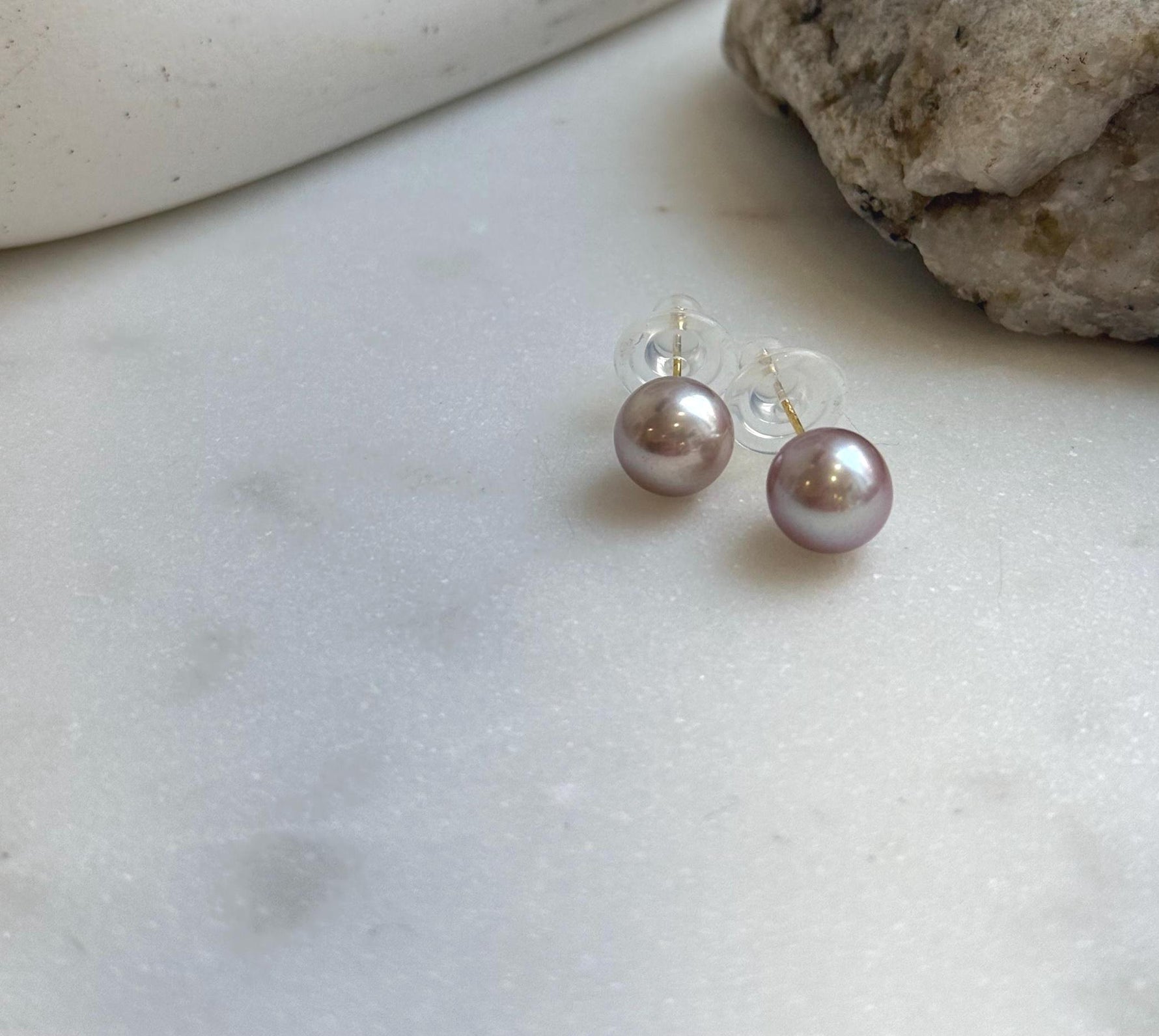 Elly’s 9mm Edison Pearls Earrings: Extreme luster Mirrored, Metallic pink rose color, S925 silver cool minimalist earrings studs.