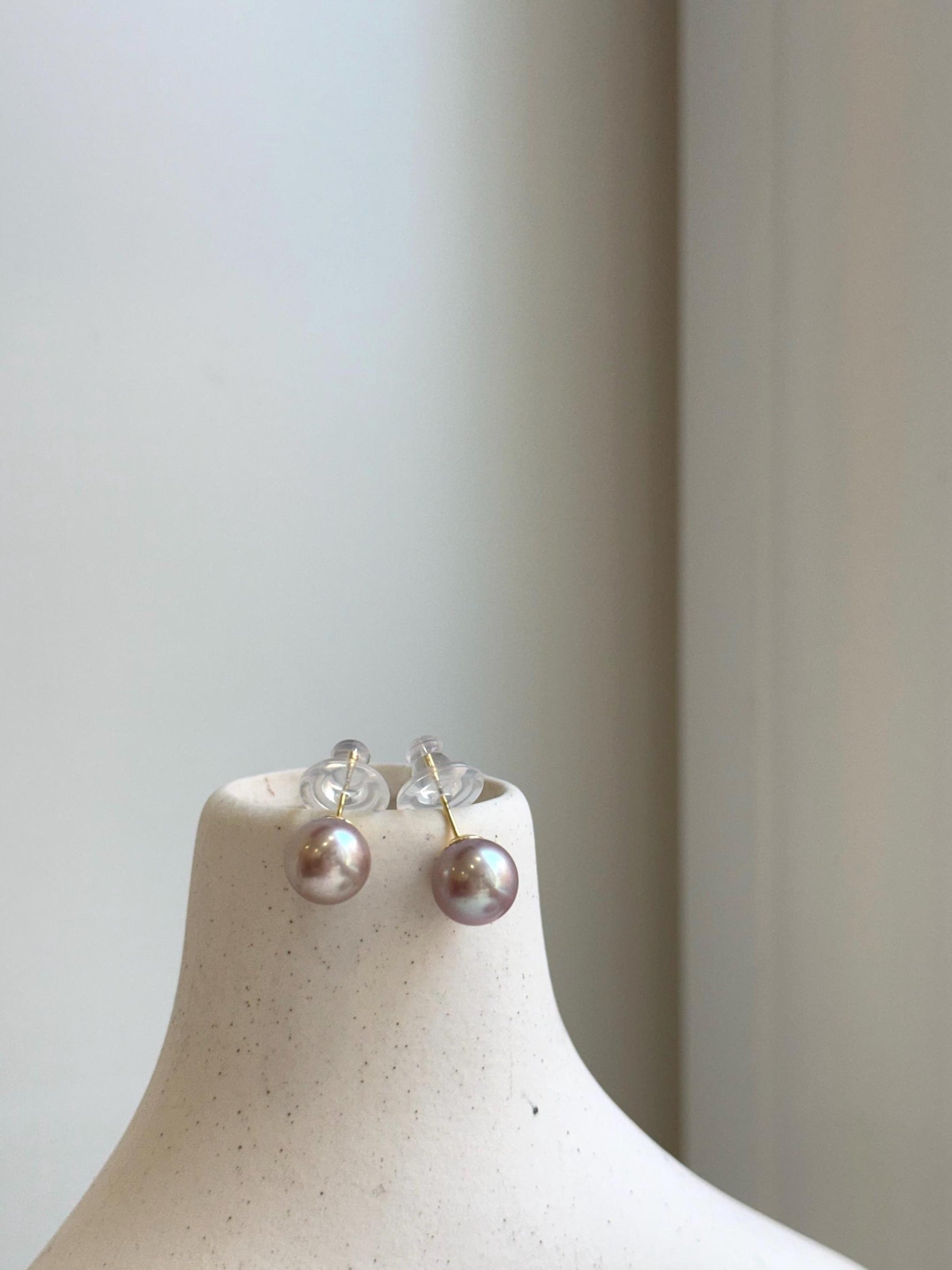 Elly’s 9mm Edison Pearls Earrings: Extreme luster Mirrored, Metallic pink rose color, S925 silver cool minimalist earrings studs.