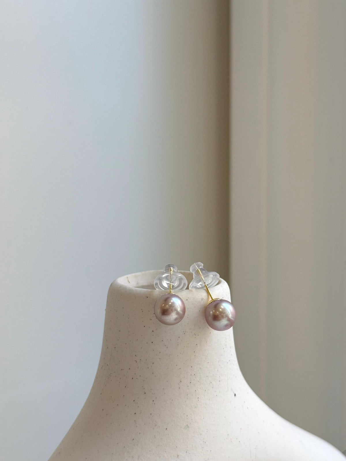 Elly’s 9mm Edison Pearls Earrings: Extreme luster Mirrored, Metallic pink rose color, S925 silver cool minimalist earrings studs.