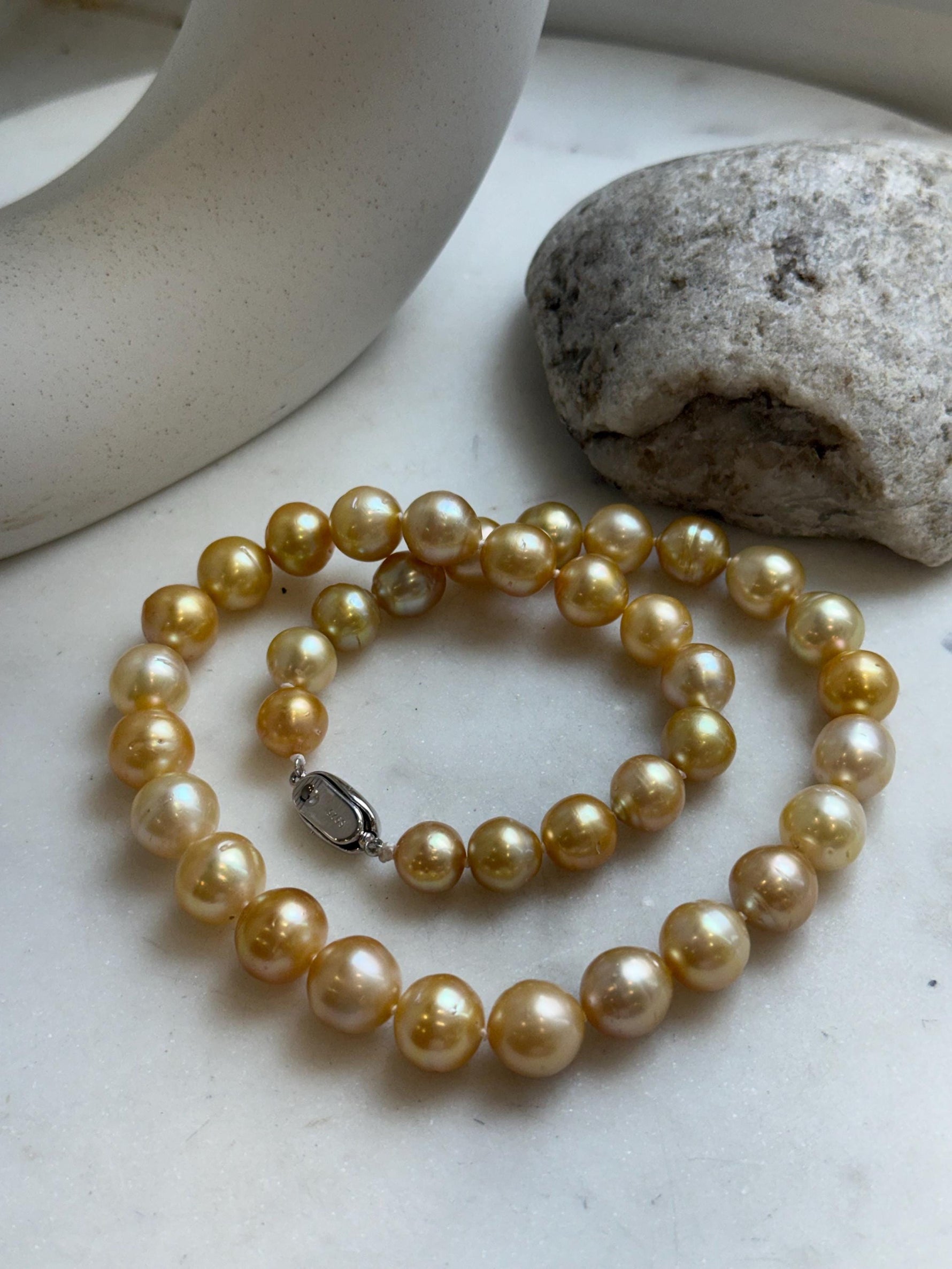 Elly’s 9.8-12.7mm 38pcs South sea Golden Ocean Pearls Necklace: Extreme luster, 18.5” knotted, S925 silver necklace strand.gift for her