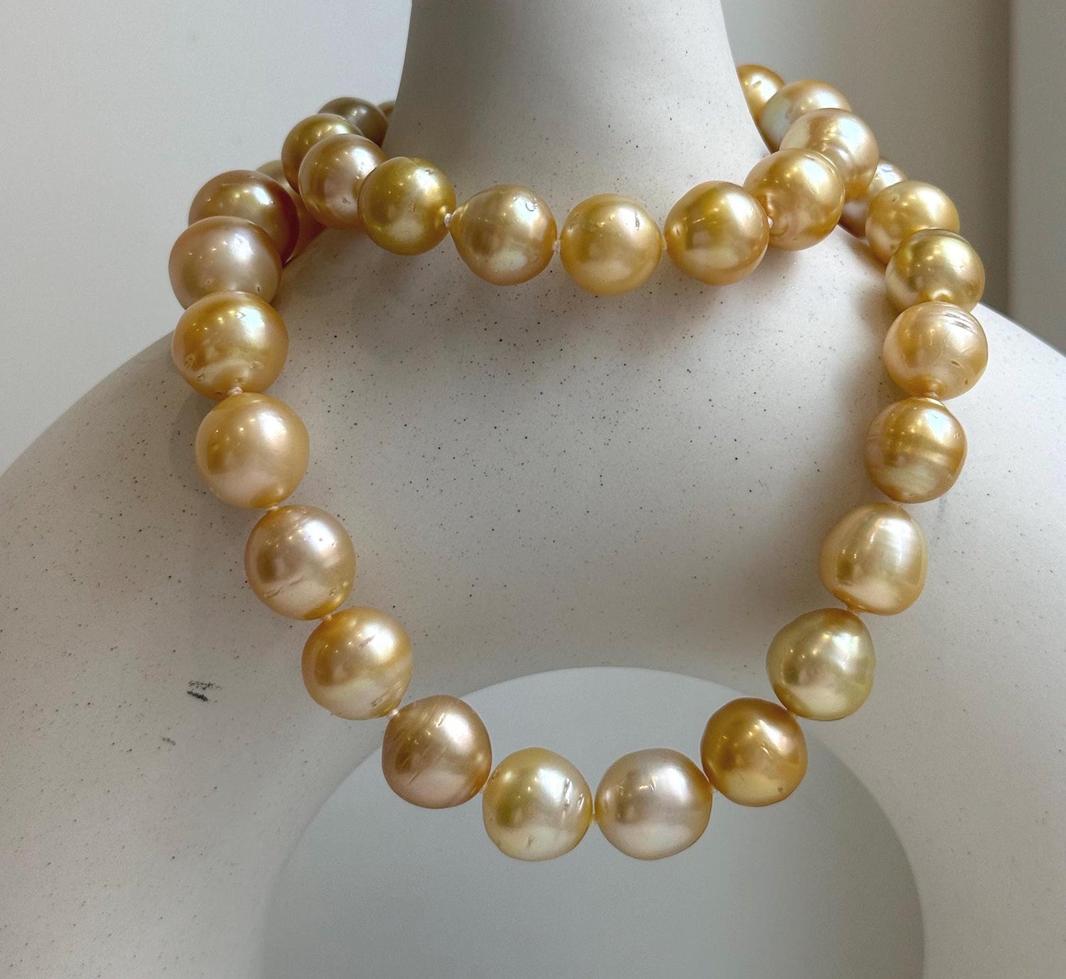 Elly’s 9.8-12.7mm 38pcs South sea Golden Ocean Pearls Necklace: Extreme luster, 18.5” knotted, S925 silver necklace strand.gift for her anniversary