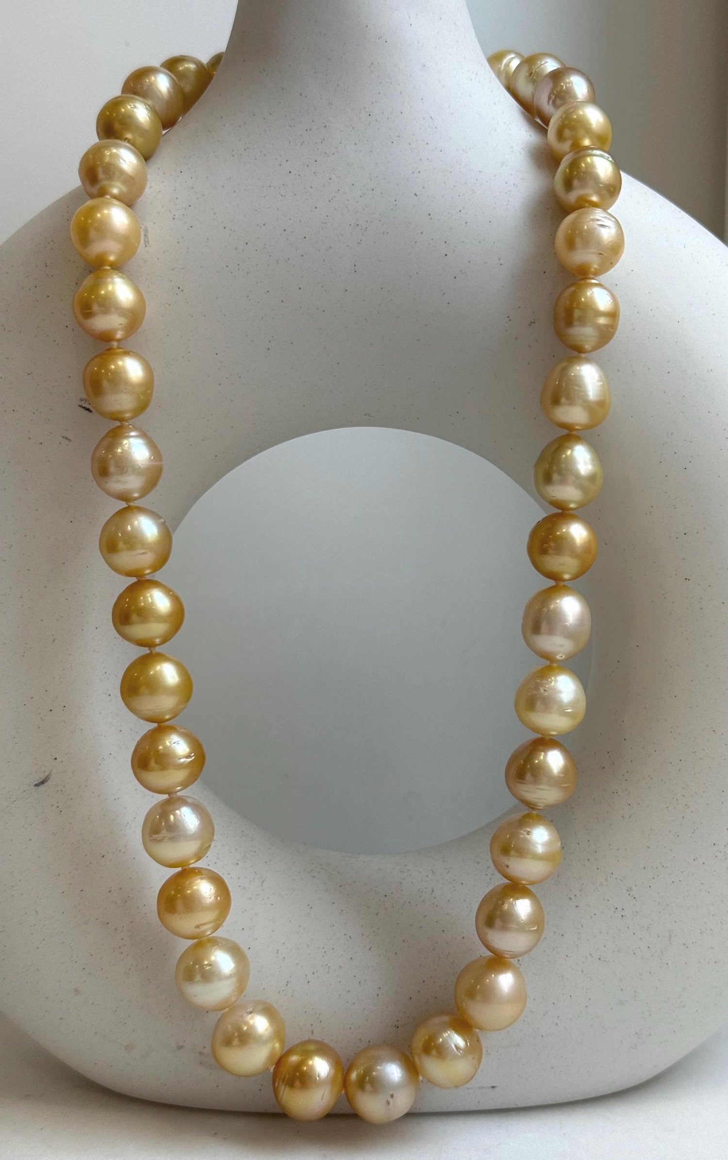 Elly’s 9.8-12.7mm 38pcs South sea Golden Ocean Pearls Necklace: Extreme luster, 18.5” knotted, S925 silver necklace strand.gift for her