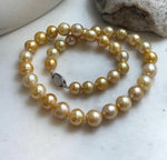 Elly’s 9.8-12.7mm 38pcs South sea Golden Ocean Pearls Necklace: Extreme luster, 18.5” knotted, S925 silver necklace strand.gift for her holiday