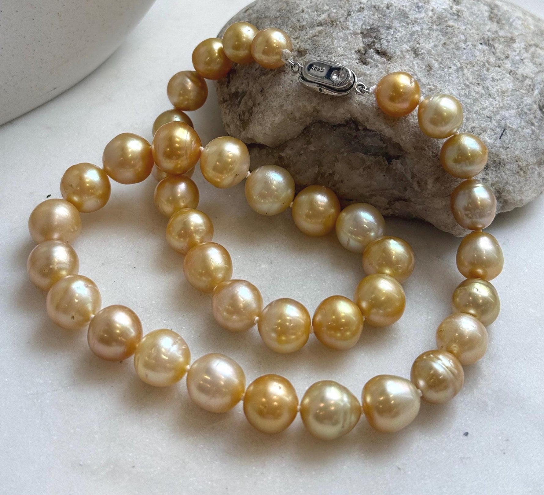 Elly’s 9.8-12.7mm 38pcs South sea Golden Ocean Pearls Necklace: Extreme luster, 18.5” knotted, S925 silver necklace strand.gift for her party