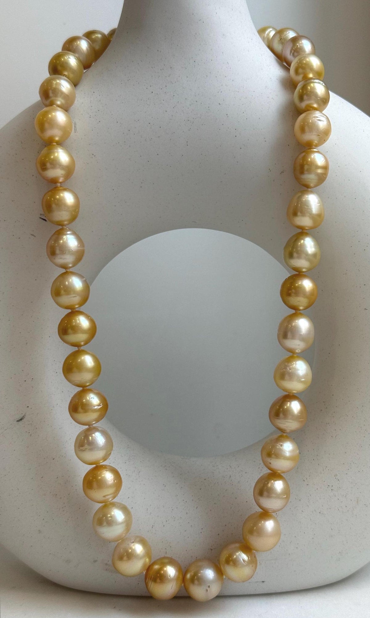 Elly’s 9.8-12.7mm 38pcs South sea Golden Ocean Pearls Necklace: Extreme luster, 18.5” knotted, S925 silver necklace strand.gift for her