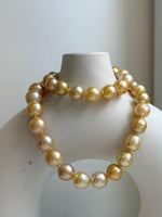 Elly’s 9.8-12.7mm 38pcs South sea Golden Ocean Pearls Necklace: Extreme luster, 18.5” knotted, S925 silver necklace strand.gift for her