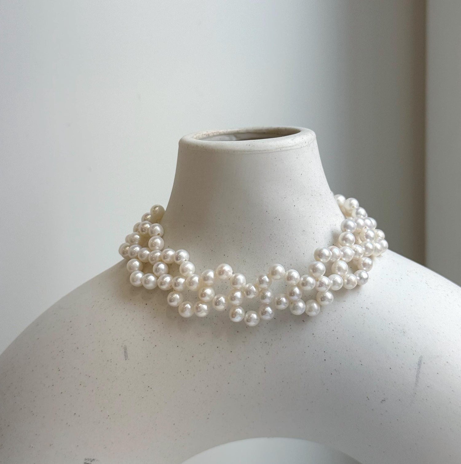 Elly’s 3-ply 4-4.5mm white pearls bracelet: Extreme luster, Handmade braided, 6.9”, S925 silver magnetic clips bracelet.