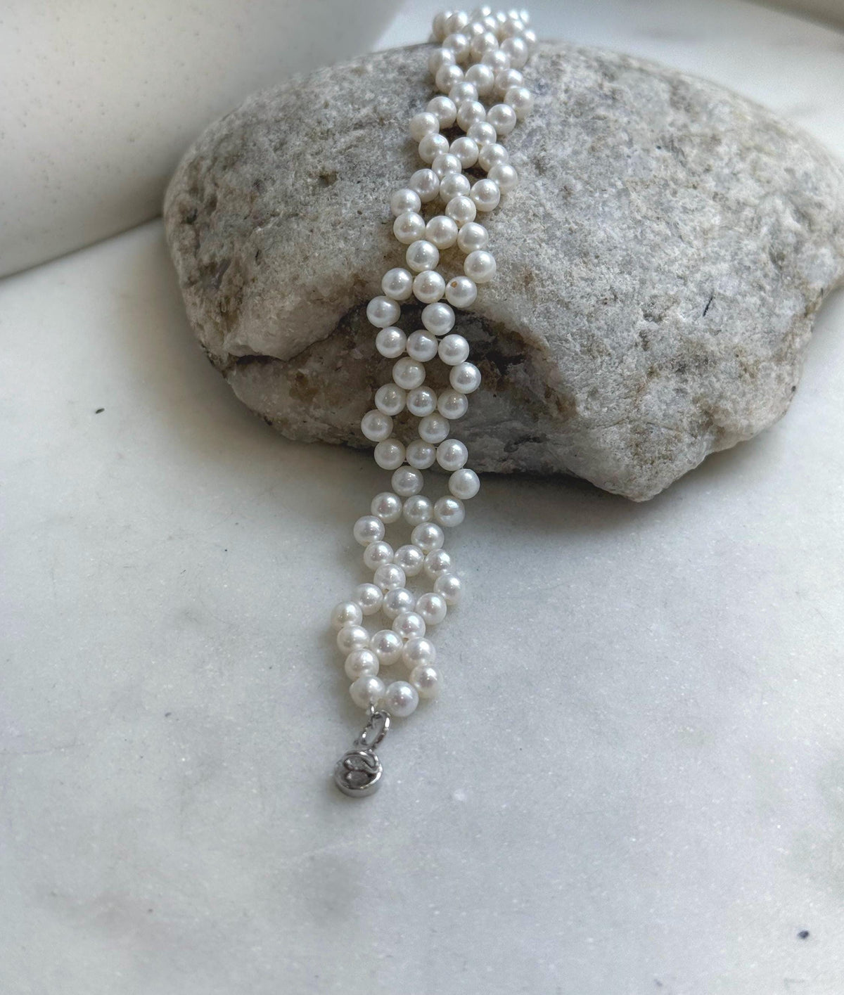 Elly’s 3-ply 4-4.5mm white pearls bracelet: Extreme luster, Handmade braided, 6.9”, S925 silver magnetic clips bracelet. daily office pearl bracelet
