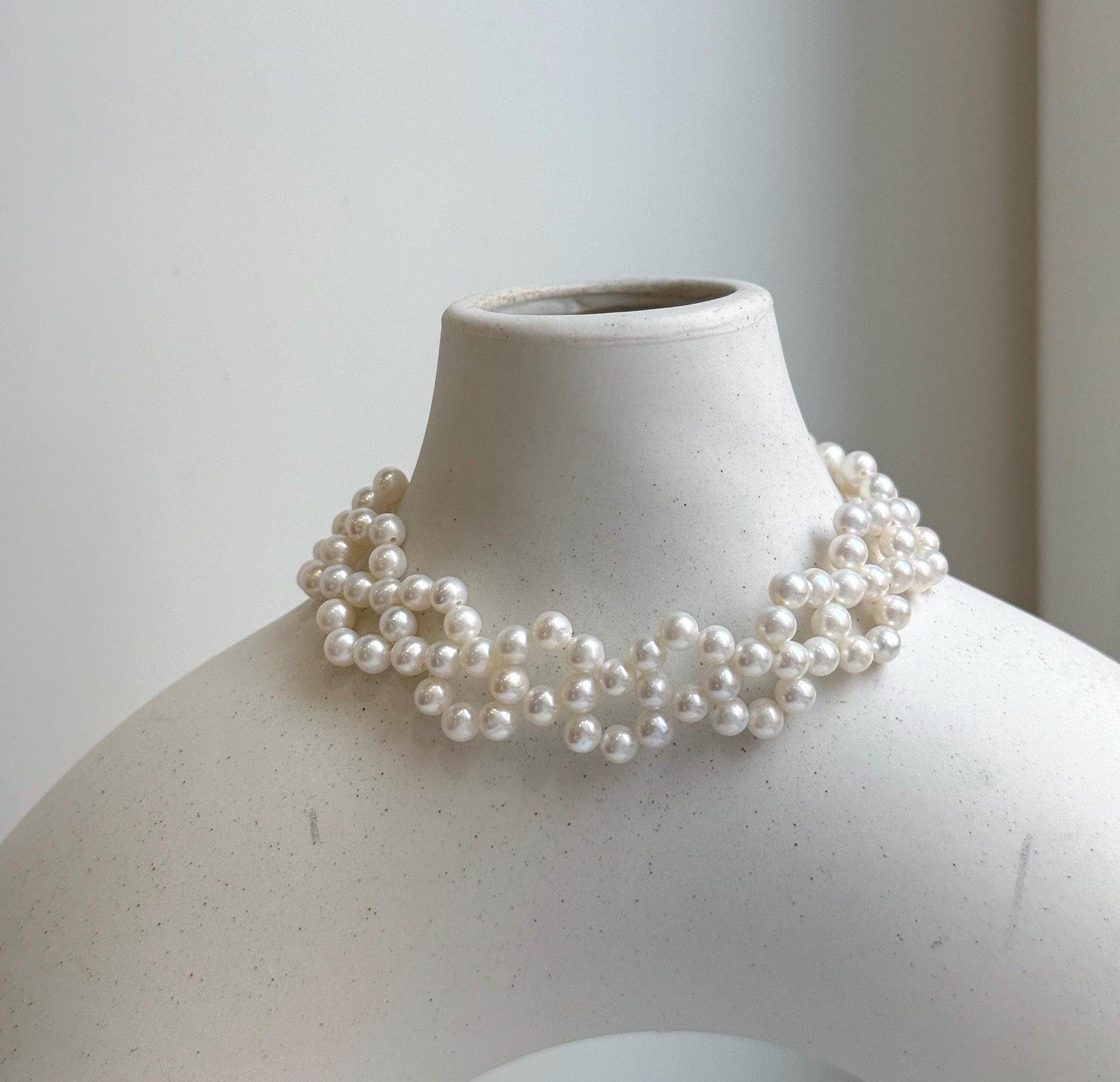 Elly’s 3-ply 4-4.5mm white pearls bracelet: Extreme luster, Handmade braided, 6.9”, S925 silver magnetic clips bracelet. daily office pearl bracelet