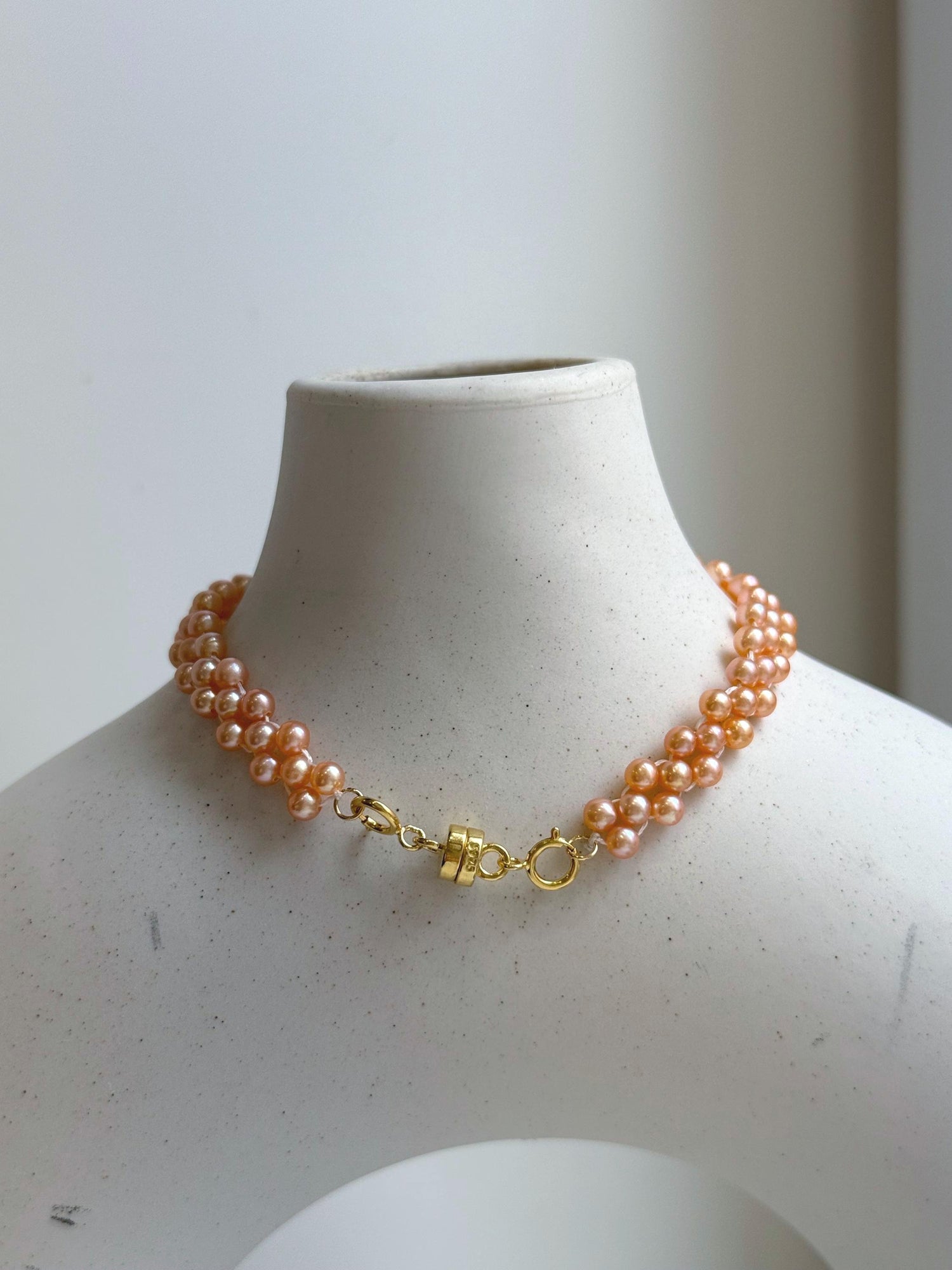 Elly’s 3-ply 3-3.5mm peach pearls bracelet: Extreme luster, Handmade braided, 6.9”, S925 silver magnetic clips bracelet.