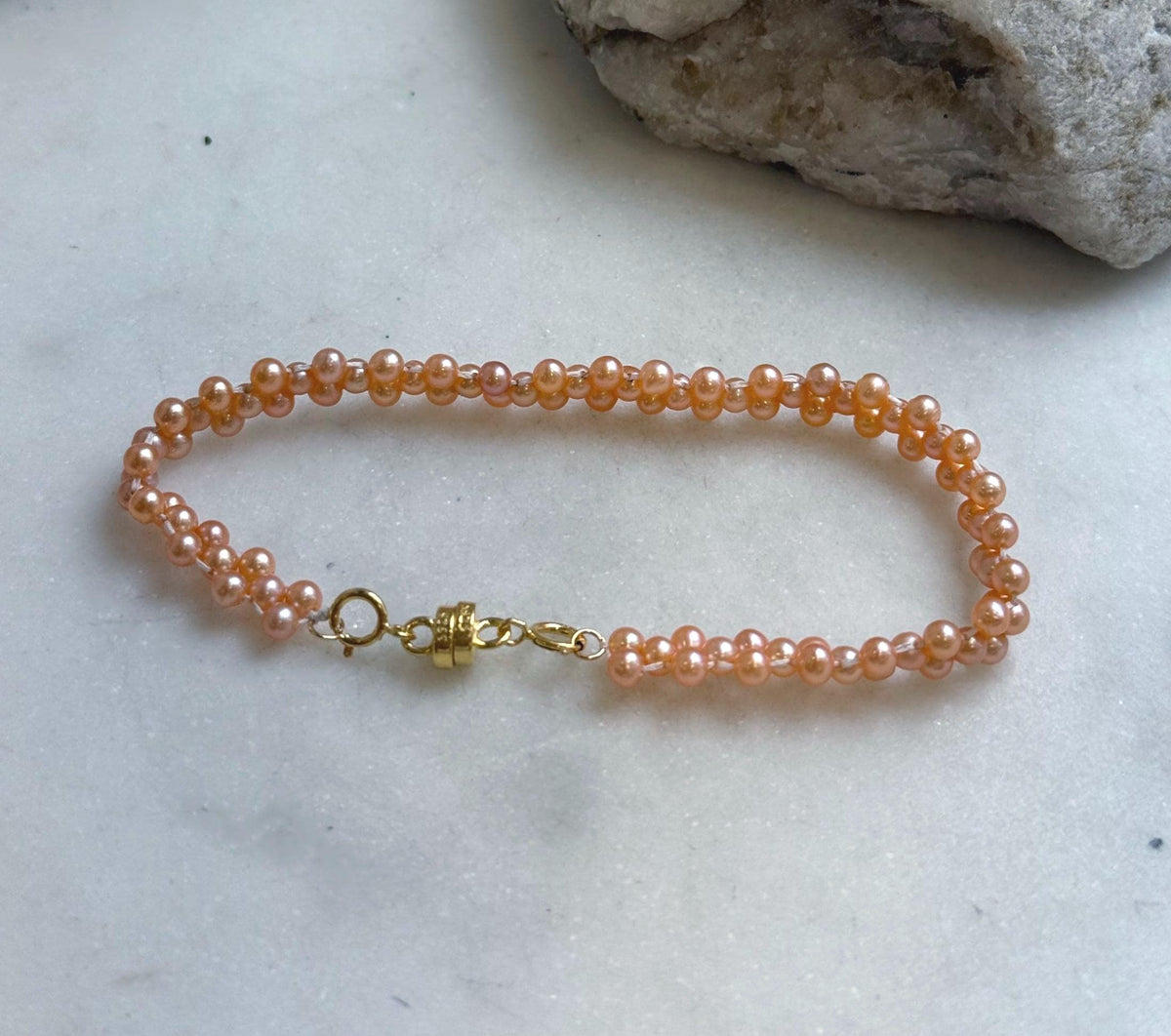 Elly’s 3-ply 3-3.5mm peach pearls bracelet: Extreme luster, Handmade braided, 6.9”, S925 silver magnetic clips bracelet.daily office pearls bracelet