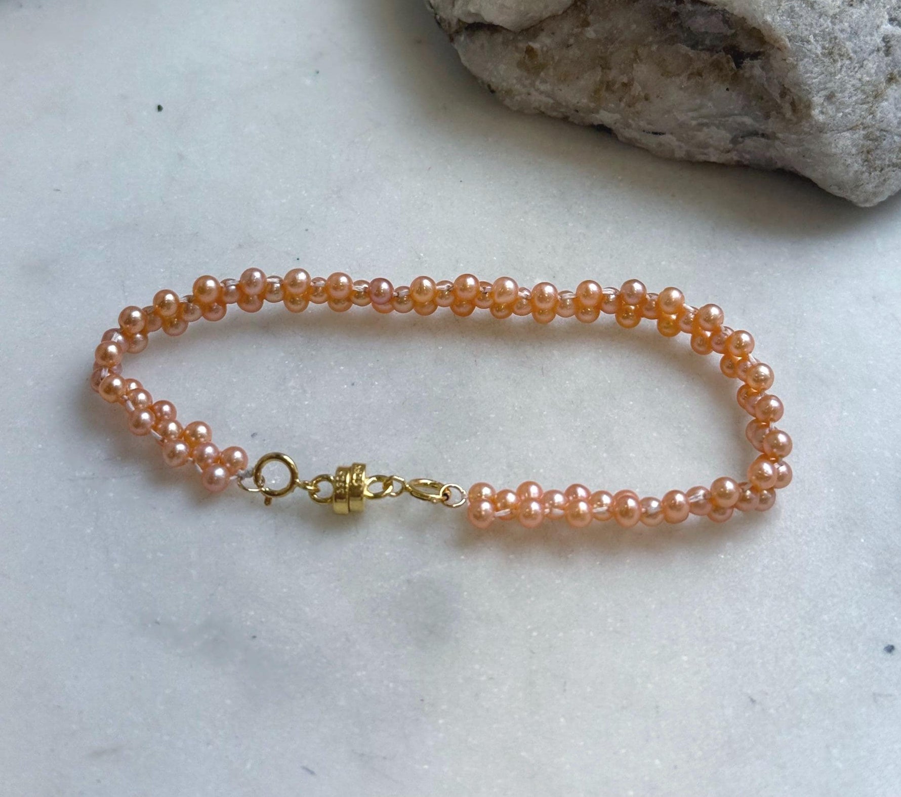 Elly’s 3-ply 3-3.5mm peach pearls bracelet: Extreme luster, Handmade braided, 6.9”, S925 silver magnetic clips bracelet.daily office pearls bracelet