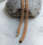 Elly’s 3-ply 3-3.5mm peach pearls necklace: Extreme luster, Handmade braided, 15.7”, S925 silver magnetic clips necklace strand. daily pearls fancy necklace strand.