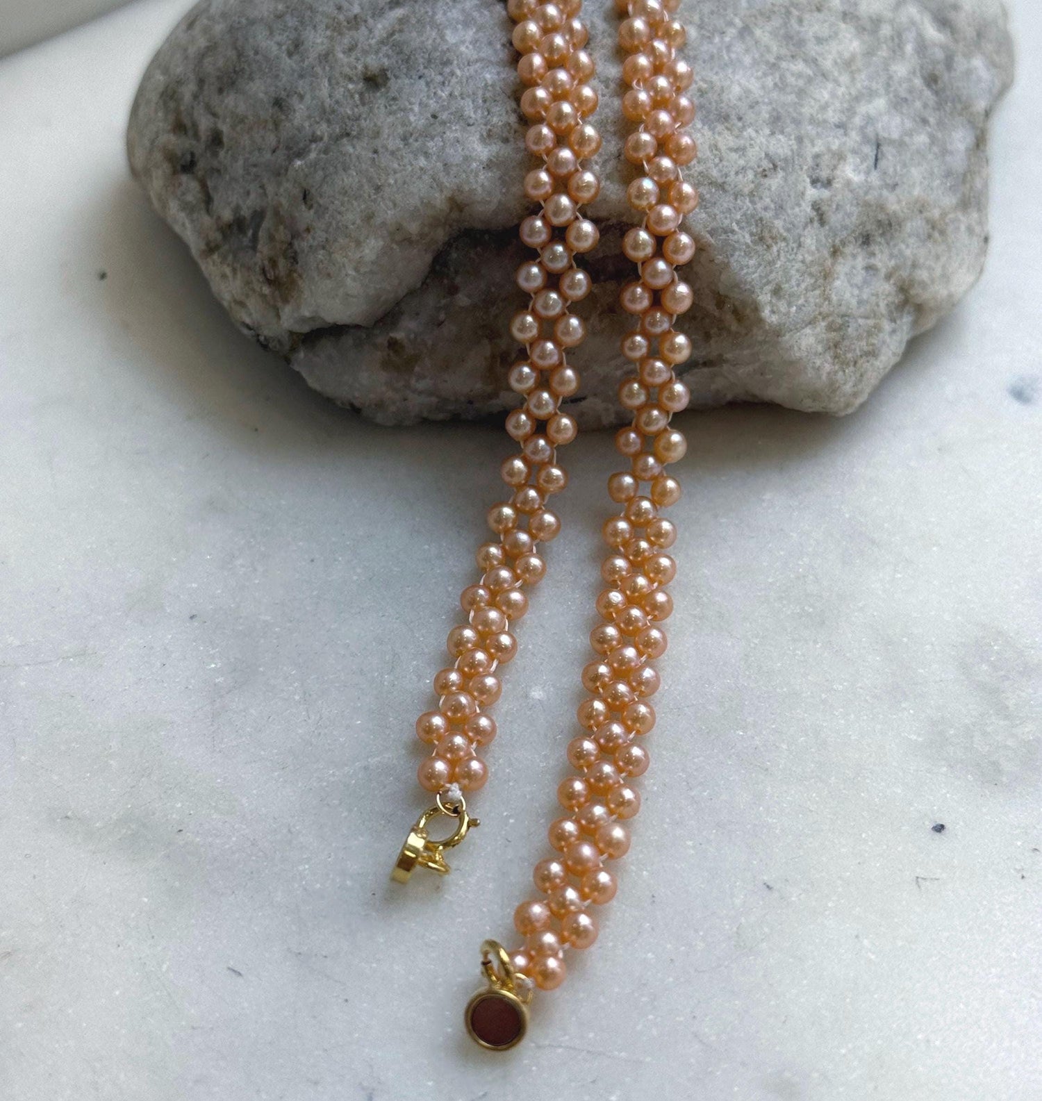 Elly’s 3-ply 3-3.5mm peach pearls necklace: Extreme luster, Handmade braided, 15.7”, S925 silver magnetic clips necklace strand. daily pearls fancy necklace strand.