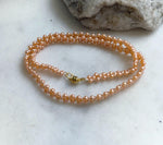 Elly’s 3-ply 3-3.5mm peach pearls necklace: Extreme luster, Handmade braided, 15.7”, S925 silver magnetic clips necklace strand. daily pearls fancy necklace strand.