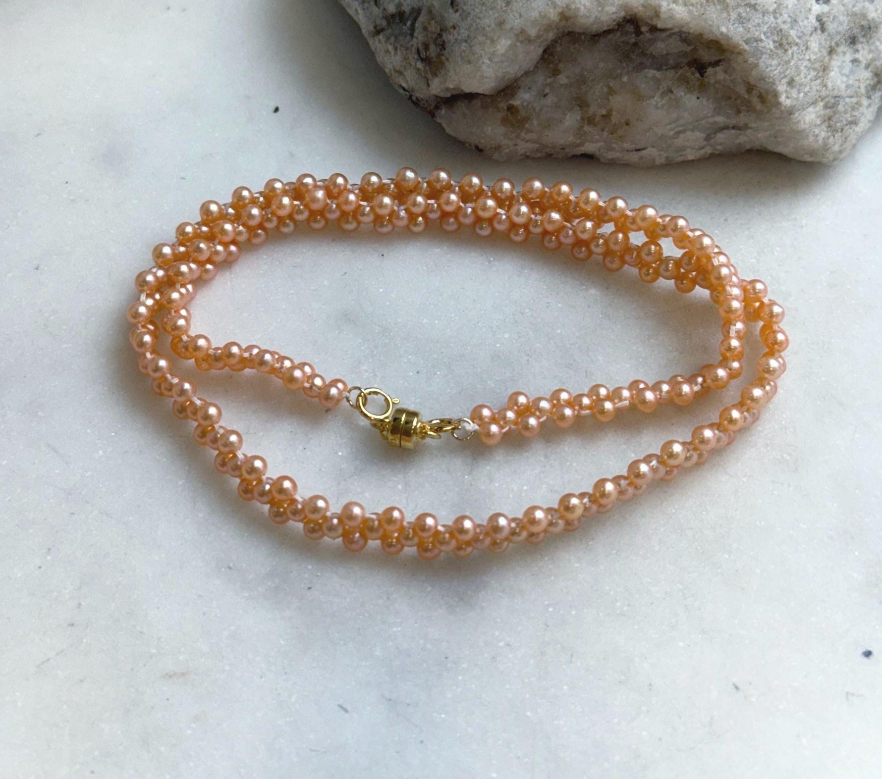 Elly’s 3-ply 3-3.5mm peach pearls necklace: Extreme luster, Handmade braided, 15.7”, S925 silver magnetic clips necklace strand. daily pearls fancy necklace strand.