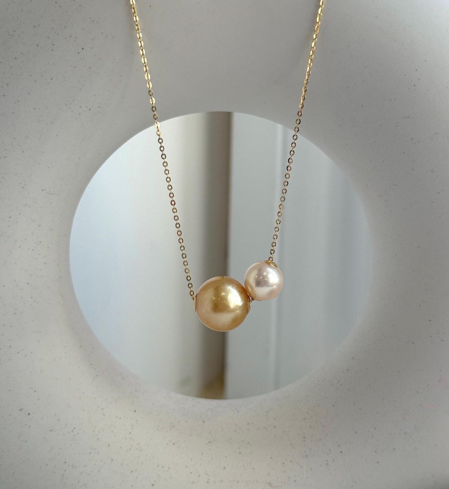 Elly’s Double Au750 18k Gold 13mm 9.3mm South Sea deep golden Akoya Ocean Pearl Floating pendant:Extreme luster mirrored, S925 silver chain. gift for her