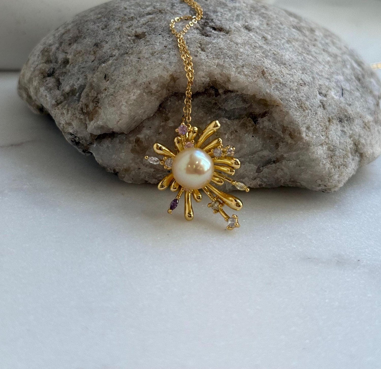 Elly’s 8.8mm South sea gold iridescent Pearl Fireworks Pendant: Extreme luster mirrored, 2.3cm high, S925 silver Pendant with silver chain.