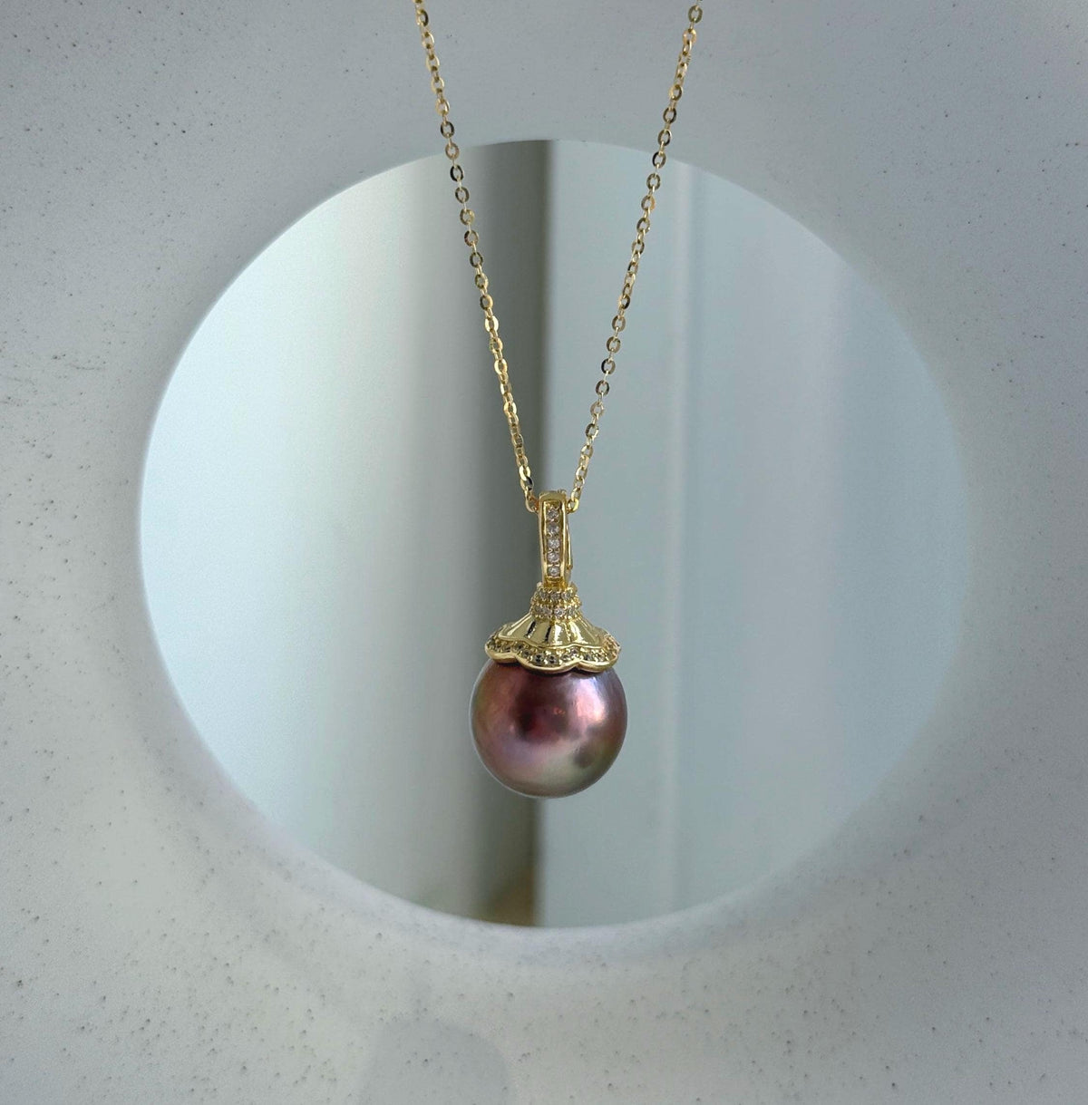Elly’s Insale 13.3mm metallic rose gold Edison Pearl pendant: Extreme luster mirrored, S925 silver minimalist pendant chain set.