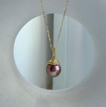 Elly’s Insale 13.3mm metallic rose gold Edison Pearl pendant: Extreme luster mirrored, S925 silver minimalist pendant chain set.