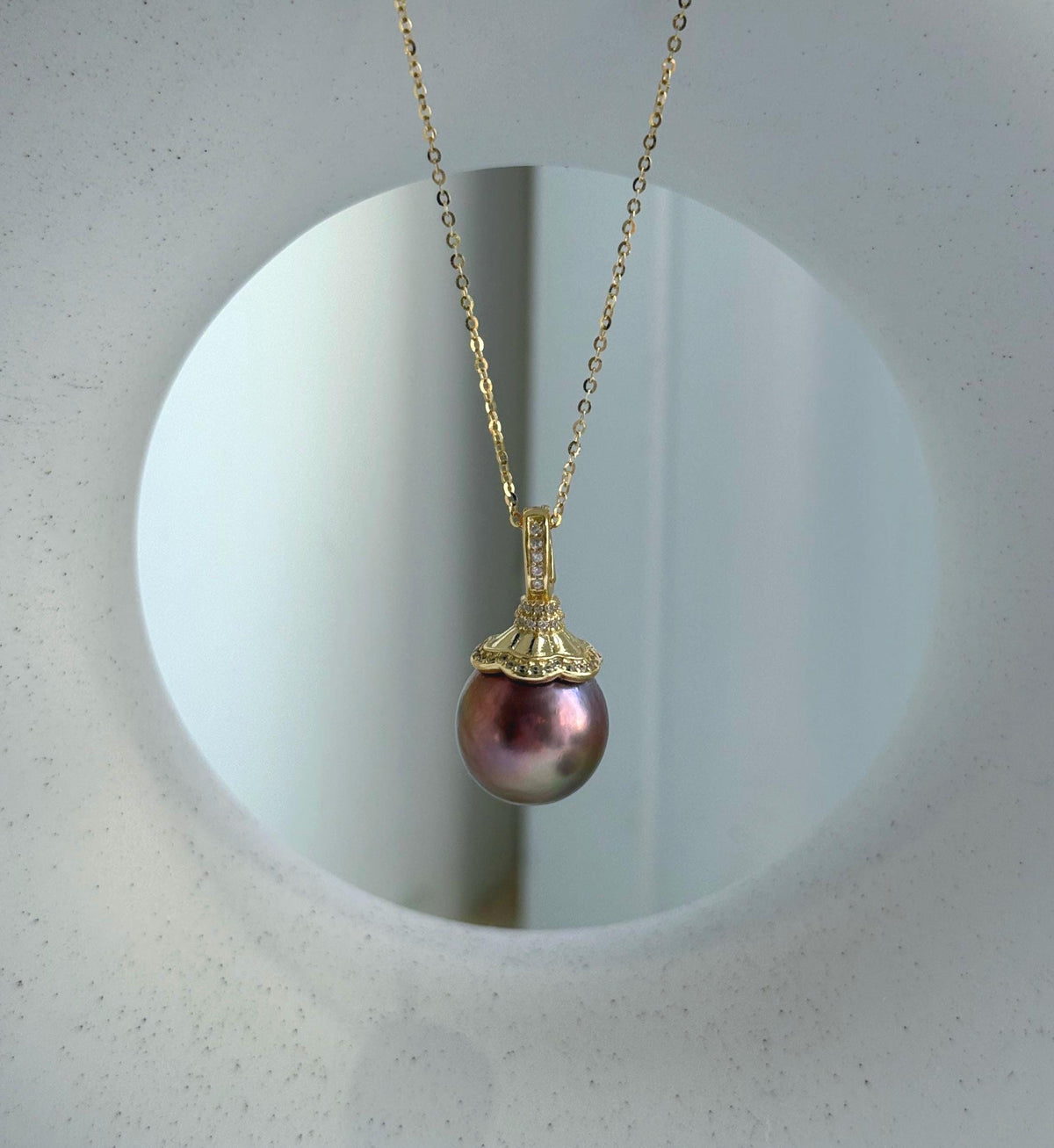 Elly’s Insale 13.3mm metallic rose gold Edison Pearl pendant: Extreme luster mirrored, S925 silver minimalist pendant chain set.