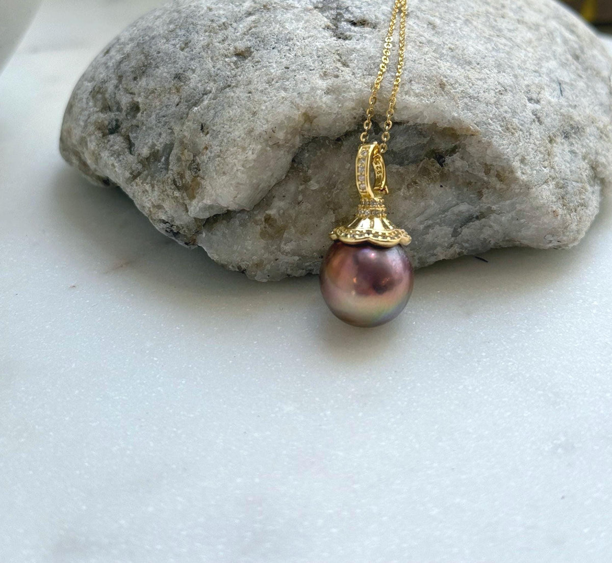 Elly’s Insale 13.3mm metallic rose gold Edison Pearl pendant: Extreme luster mirrored, S925 silver minimalist pendant chain set.