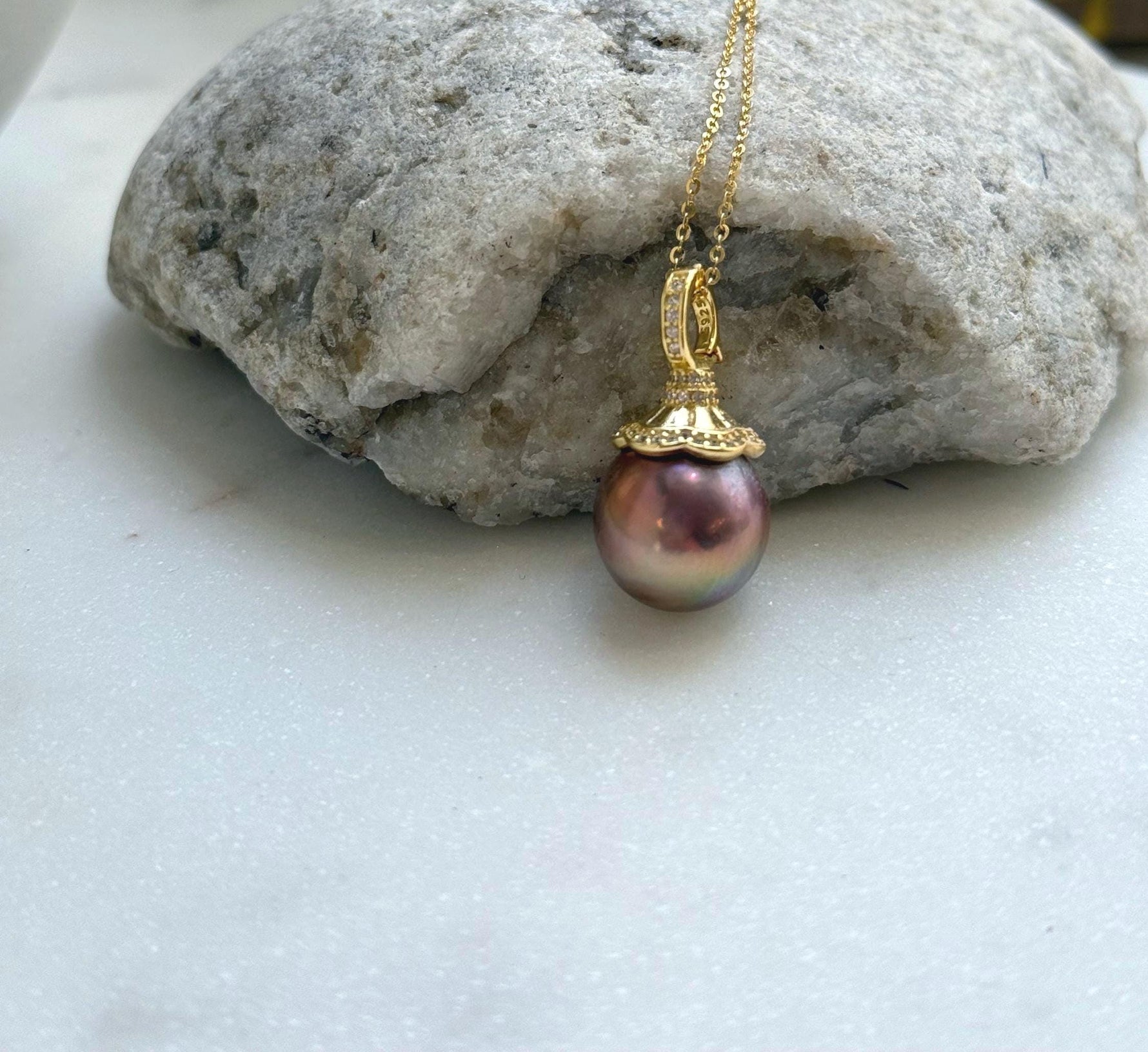 Elly’s Insale 13.3mm metallic rose gold Edison Pearl pendant: Extreme luster mirrored, S925 silver minimalist pendant chain set.