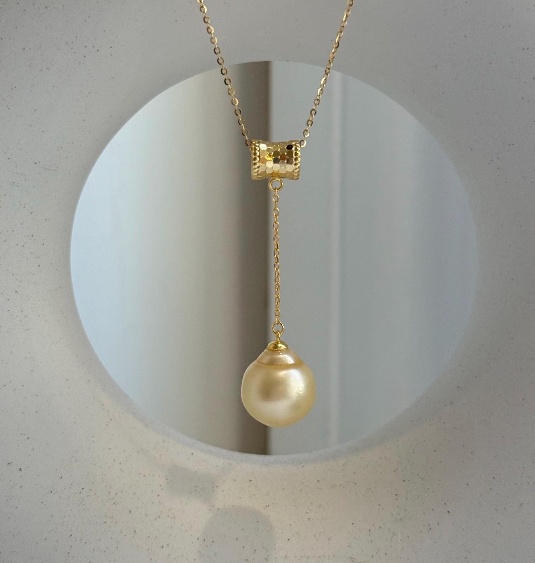 Elly’s 13x14mm South Sea light Gold ocean Pearl pendant: Extreme luster mirrored. 4.8cm high, S925 silver with gold plated cool pendant set, gift for her daily jewelry