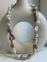 Elly’s 20.7” to 29mm Freshwater white rose gold iridescent Baroque Pearls Necklace: extreme luster mirrored, knotted, S925 silver necklace.gift for her