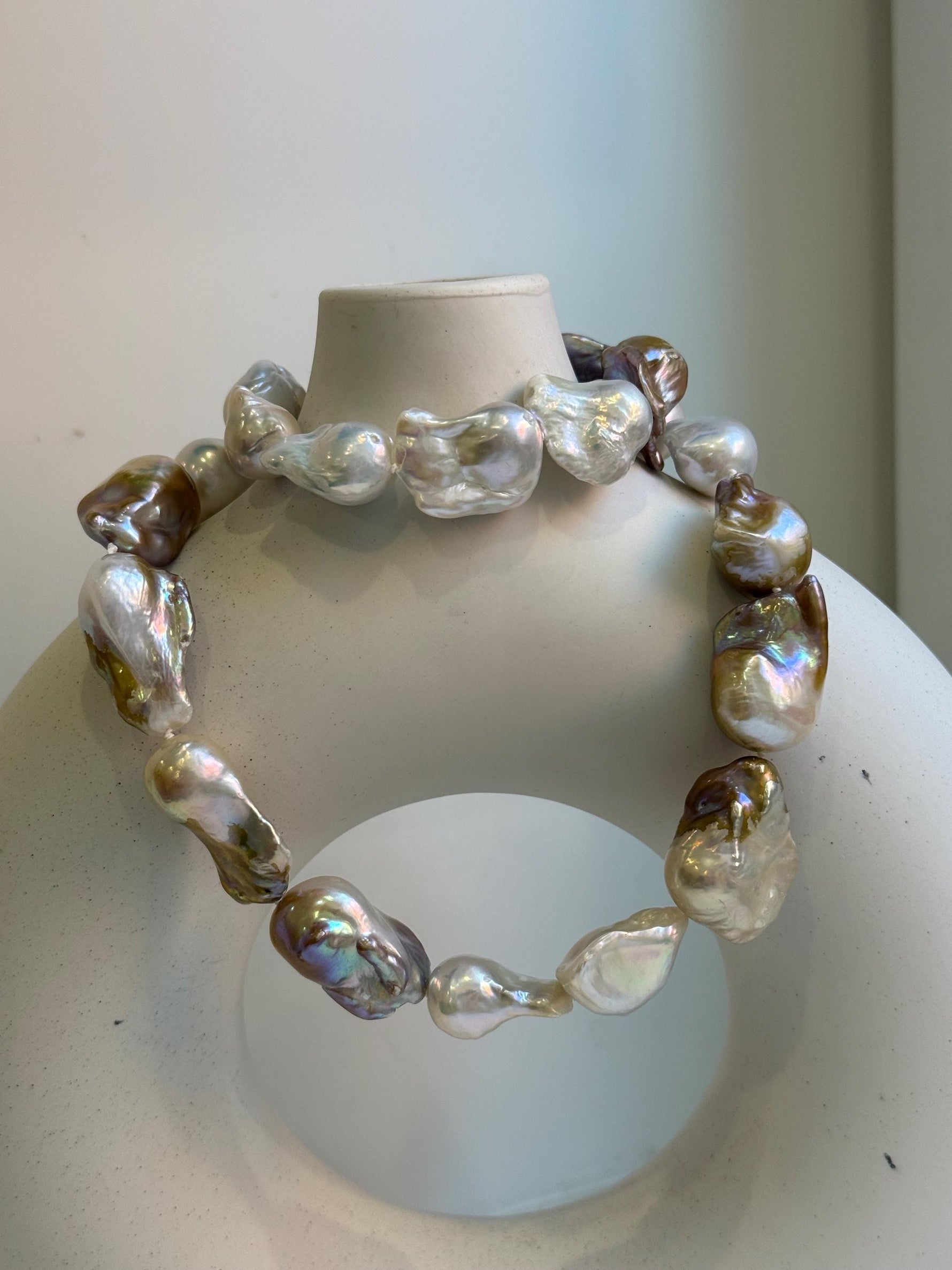 Elly’s 20.7” to 29mm Freshwater white rose gold iridescent Baroque Pearls Necklace: extreme luster mirrored, knotted, S925 silver necklace.gift for her