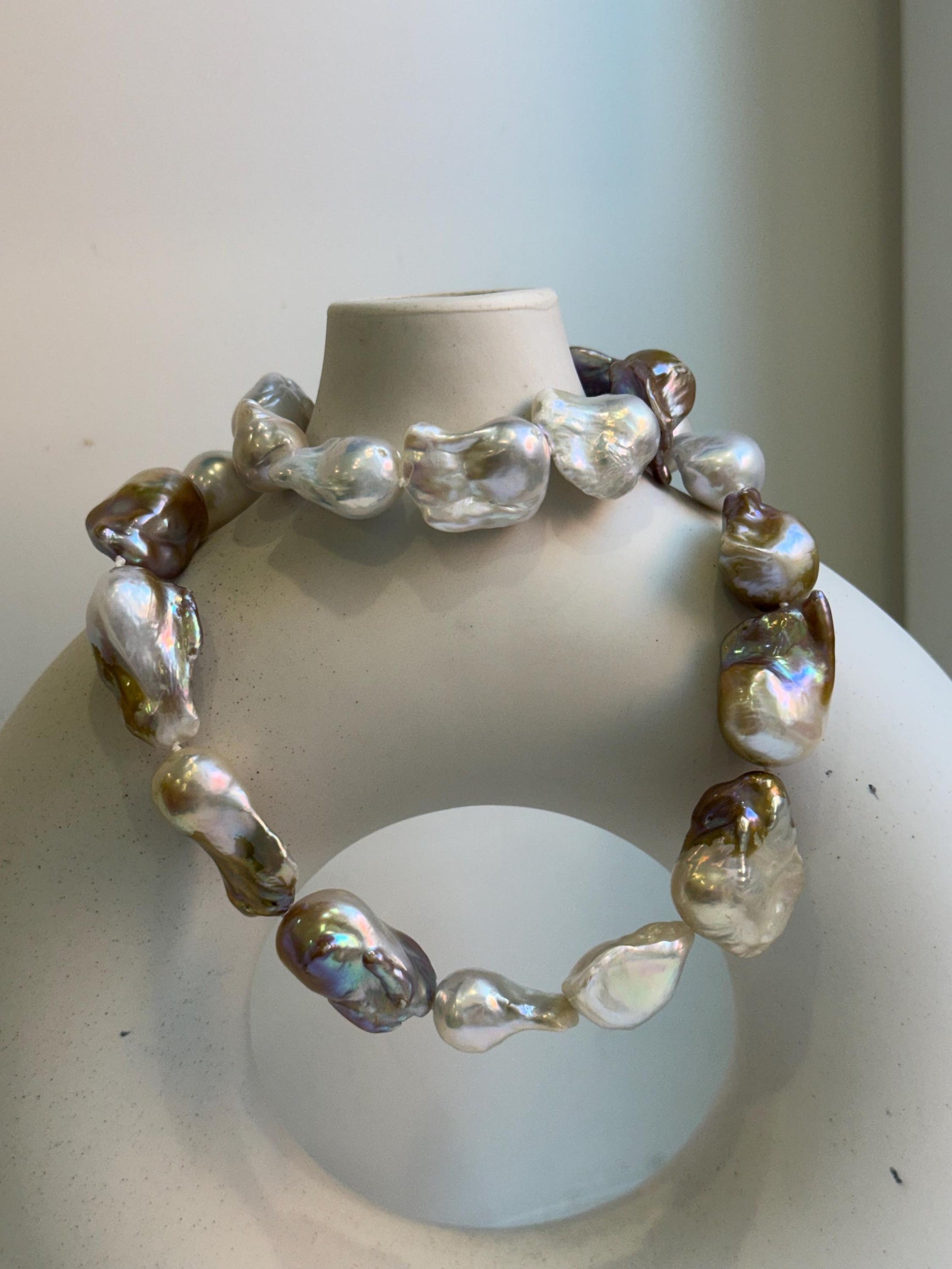 Elly’s 20.7” to 29mm Freshwater white rose gold iridescent Baroque Pearls Necklace: extreme luster mirrored, knotted, S925 silver necklace.gift for her