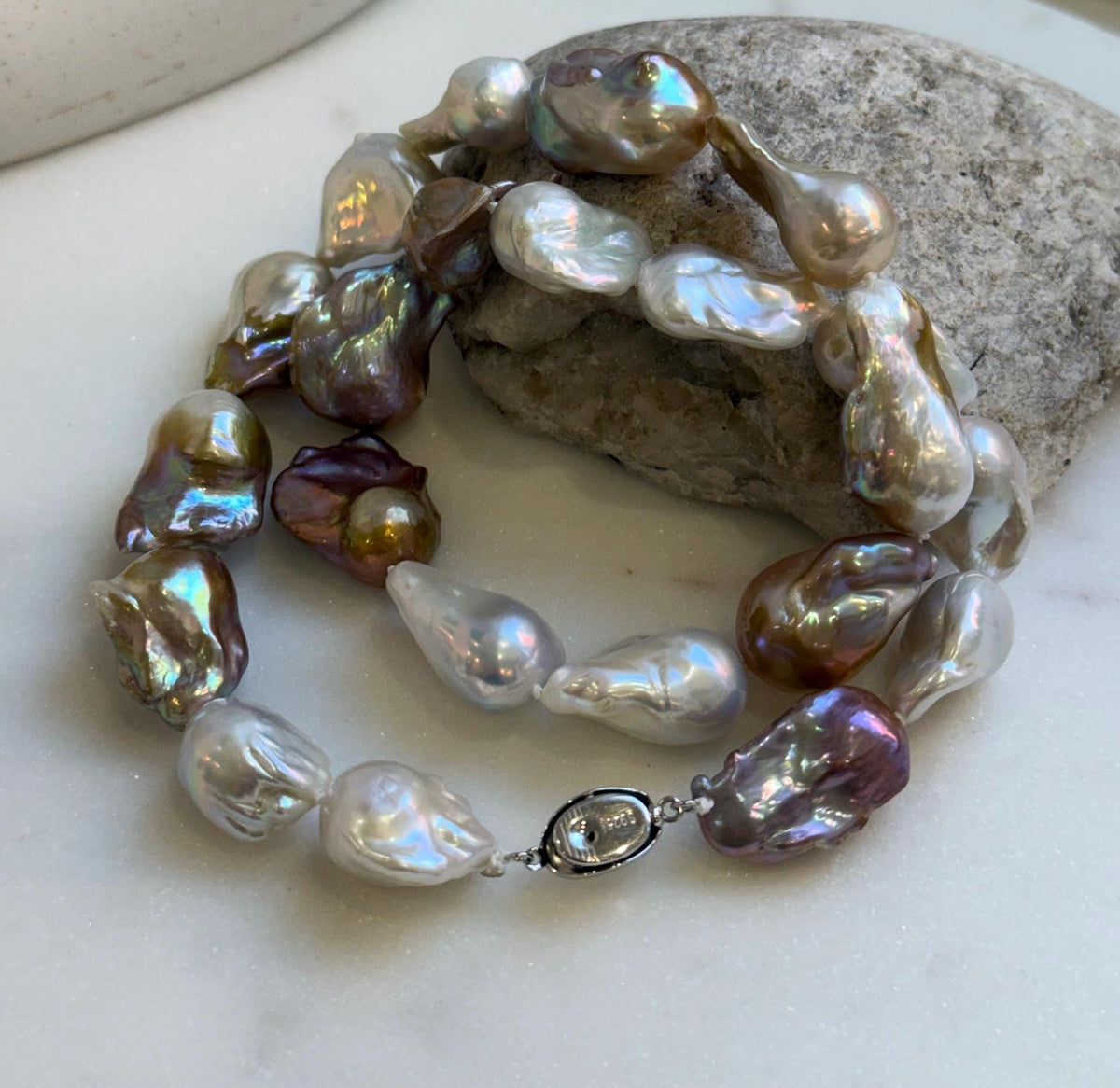 Elly’s 20.7” to 29mm Freshwater white rose gold iridescent Baroque Pearls Necklace: extreme luster mirrored, knotted, S925 silver necklace.gift for her