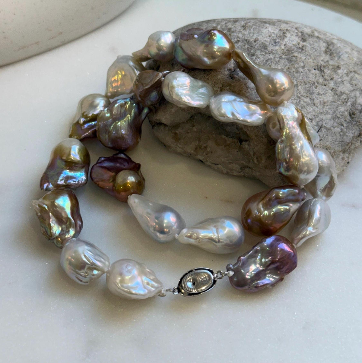 Elly’s 20.7” to 29mm Freshwater white rose gold iridescent Baroque Pearls Necklace: extreme luster mirrored, knotted, S925 silver necklace.gift for her holiday