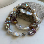 Elly’s 20.7” to 29mm Freshwater white rose gold iridescent Baroque Pearls Necklace: extreme luster mirrored, knotted, S925 silver necklace.gift for her holiday