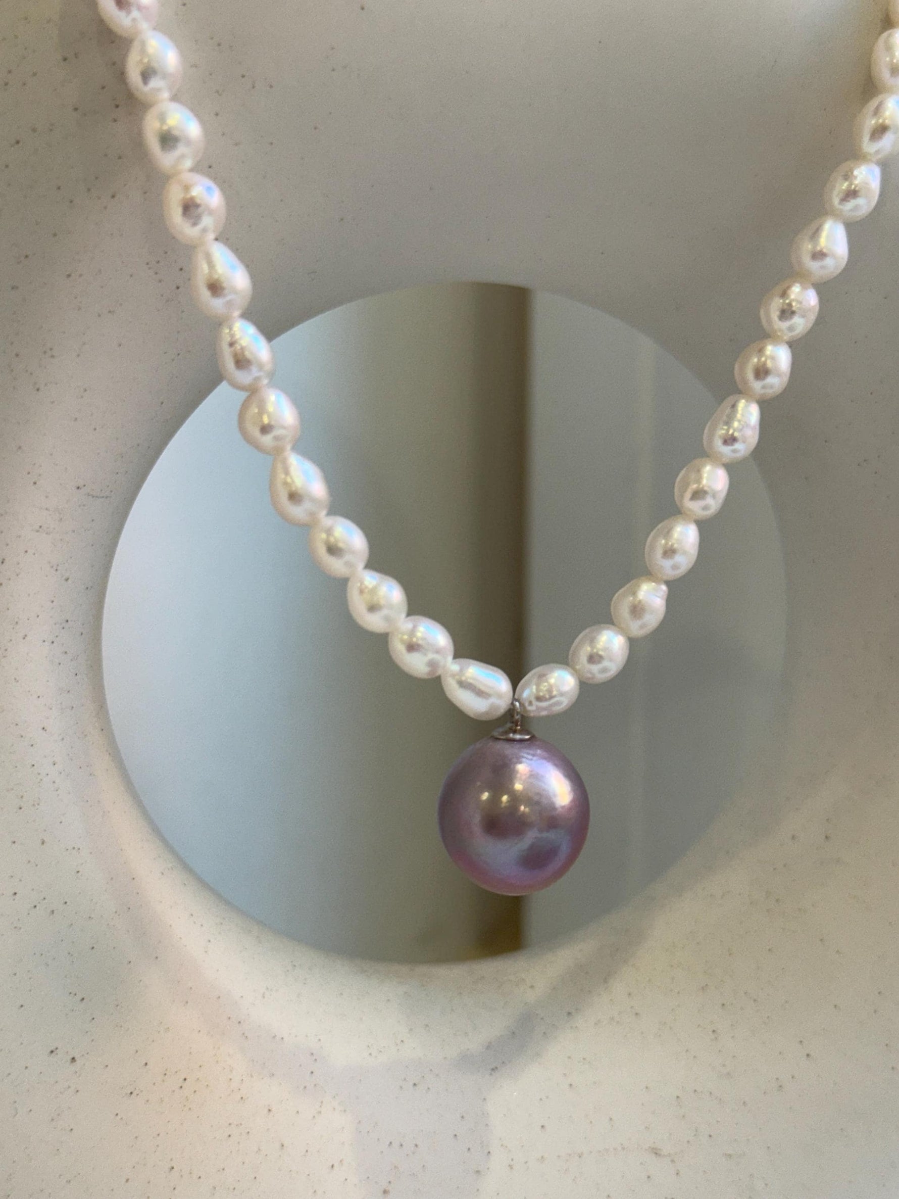 Elly’s 17” 12mm Freshwater Edison white purple Pearls Necklace: extreme luster mirrored, S925 silver necklace.gift for her