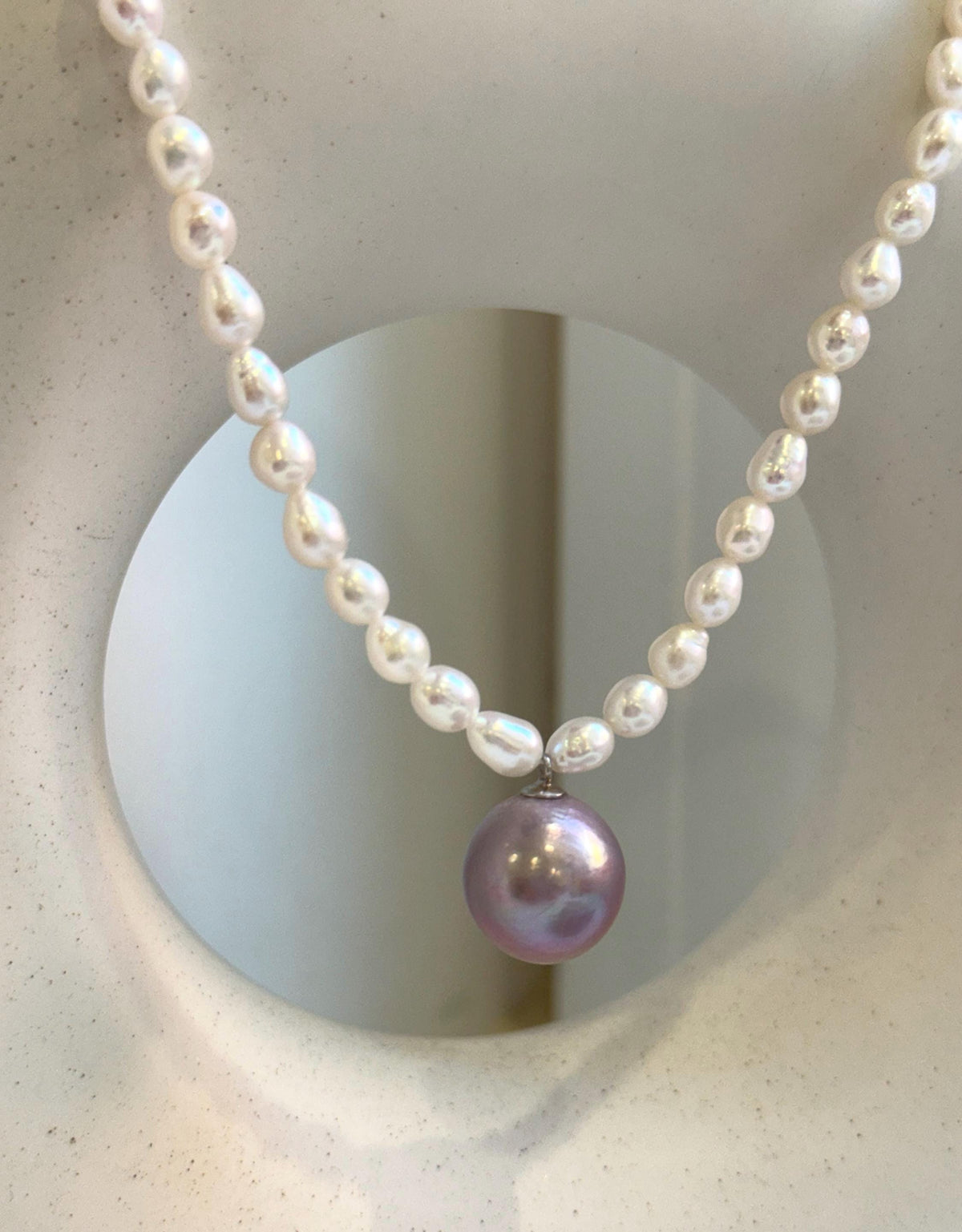 Elly’s 17” 12mm Freshwater Edison white purple Pearls Necklace: extreme luster mirrored, S925 silver necklace.gift for her