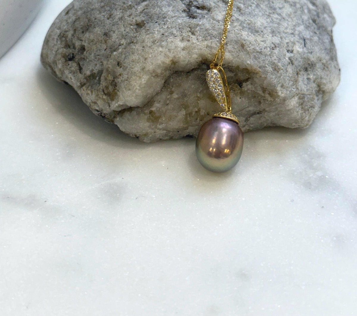 Elly’s Insale 13mm metallic rose gold Edison Pearl pendant: Extreme luster mirrored, S925 silver minimalist pendant chain set.gift for her