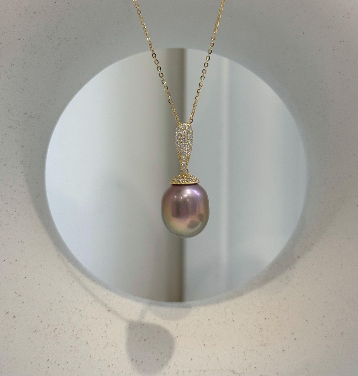 Elly’s Insale 13mm metallic rose gold Edison Pearl pendant: Extreme luster mirrored, S925 silver minimalist pendant chain set.