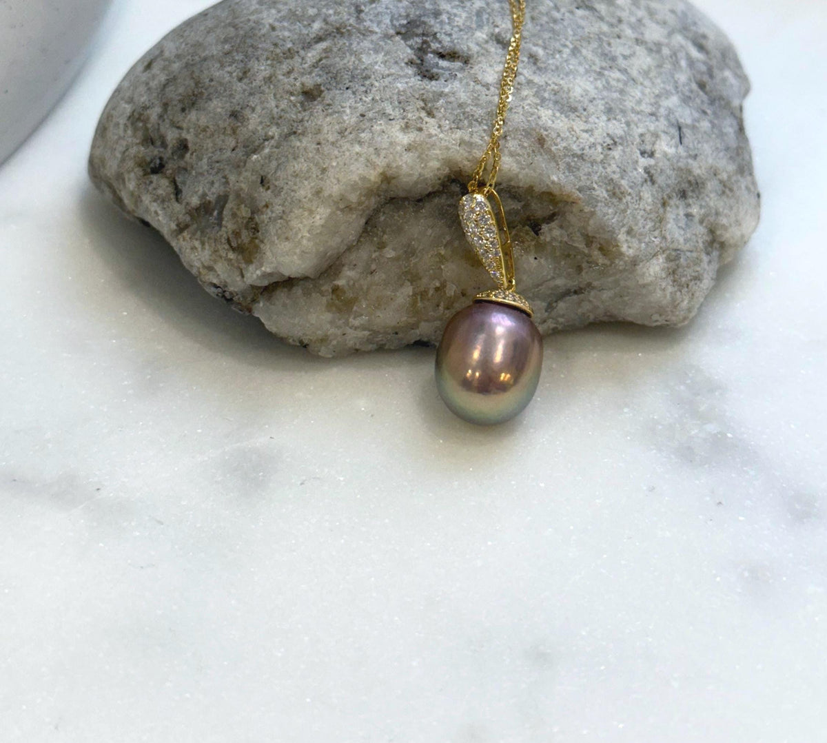 Elly’s Insale 13mm metallic rose gold Edison Pearl pendant: Extreme luster mirrored, S925 silver minimalist pendant chain set. office pearl pendant