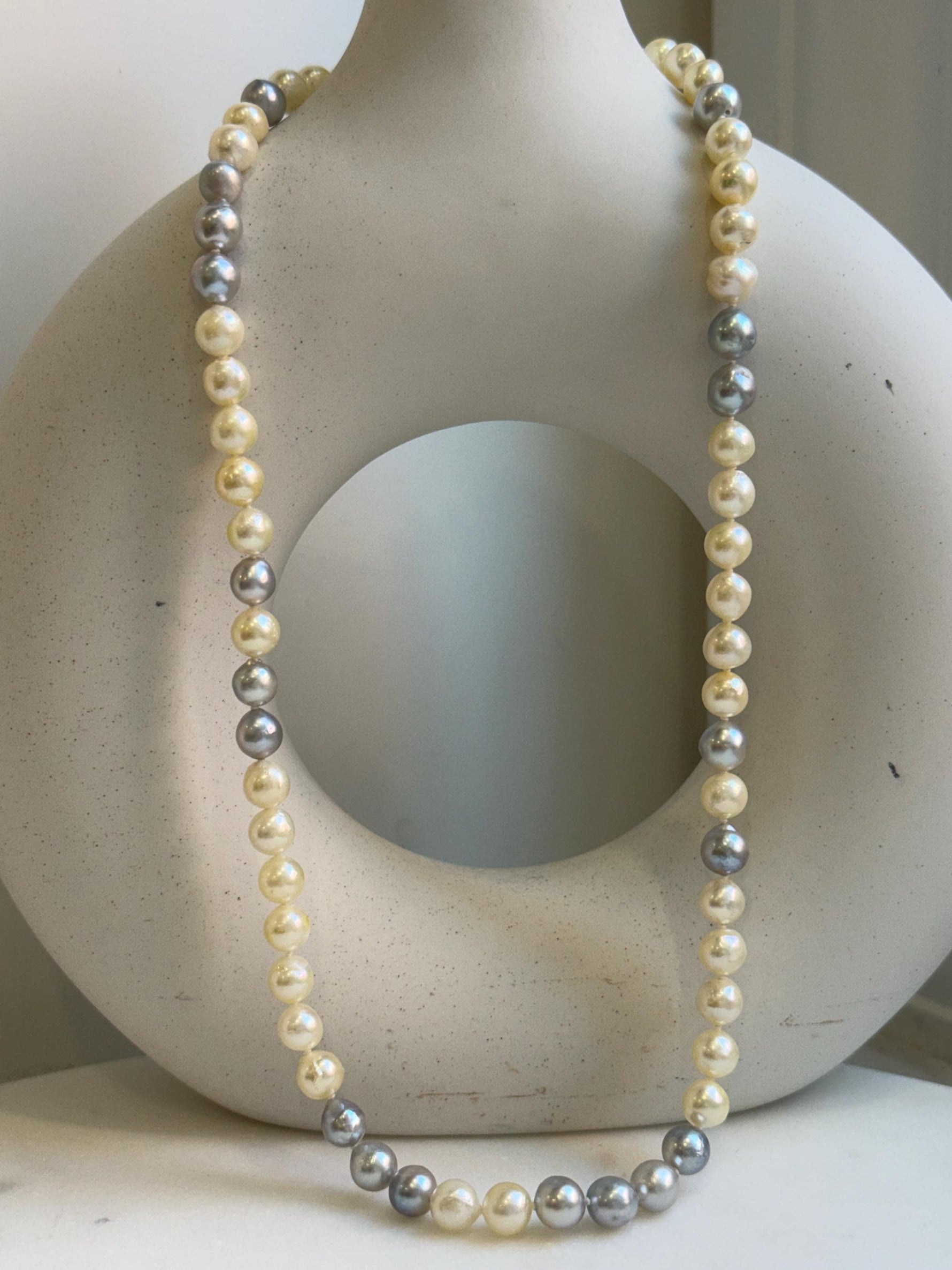 Elly’s 7-7.6mm 62pcs Akoya Silver Golden Ocean pearls necklace choker:  Extreme luster mirrored, knotted 20.1”, S925 silver necklace. gift for her retirement