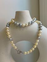 Elly’s 7-7.6mm 62pcs Akoya Silver Golden Ocean pearls necklace choker:  Extreme luster mirrored, knotted 20.1”, S925 silver necklace. gift for her