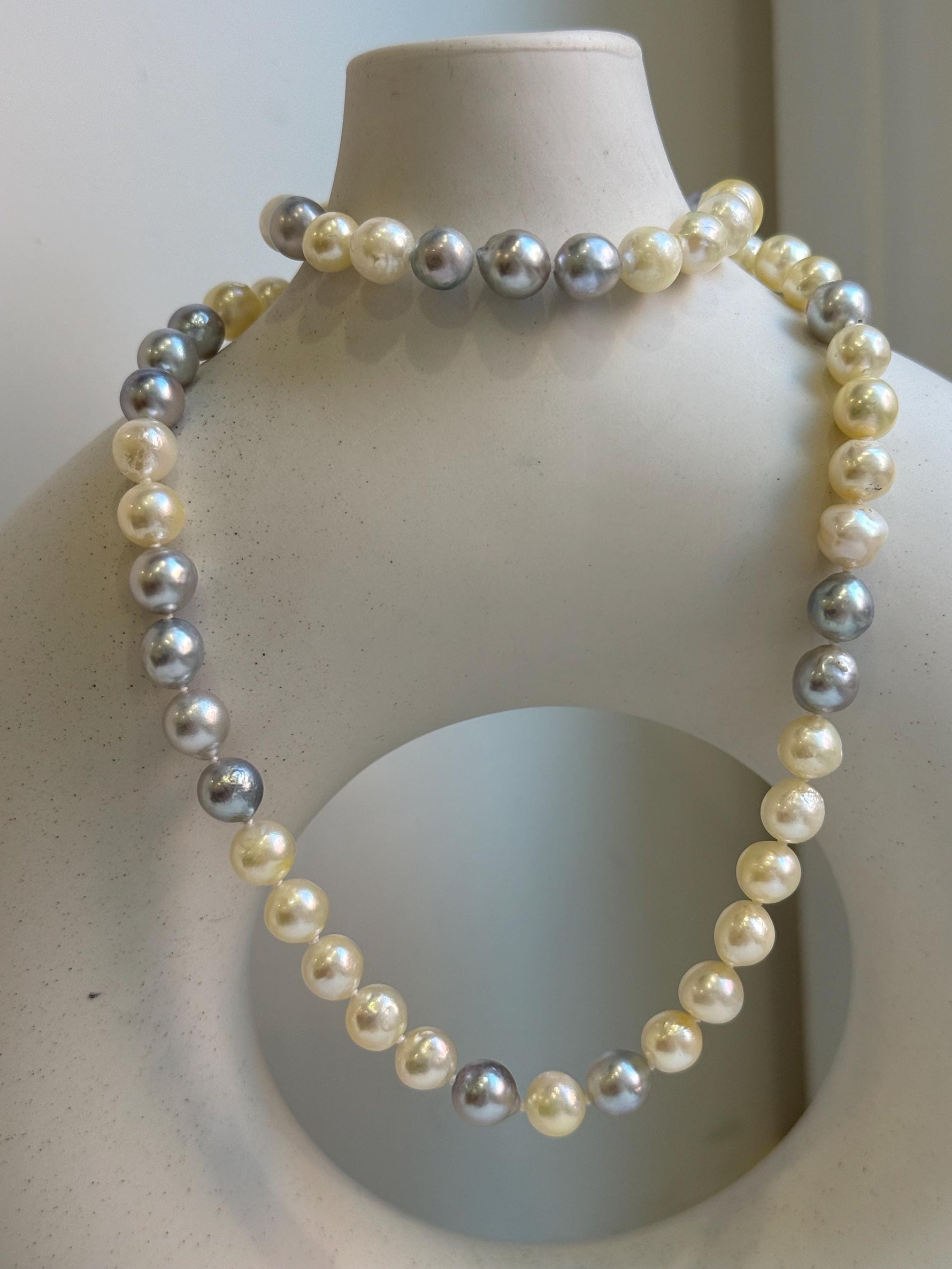 Elly’s 7-7.6mm 62pcs Akoya Silver Golden Ocean pearls necklace choker:  Extreme luster mirrored, knotted 20.1”, S925 silver necklace. gift for her