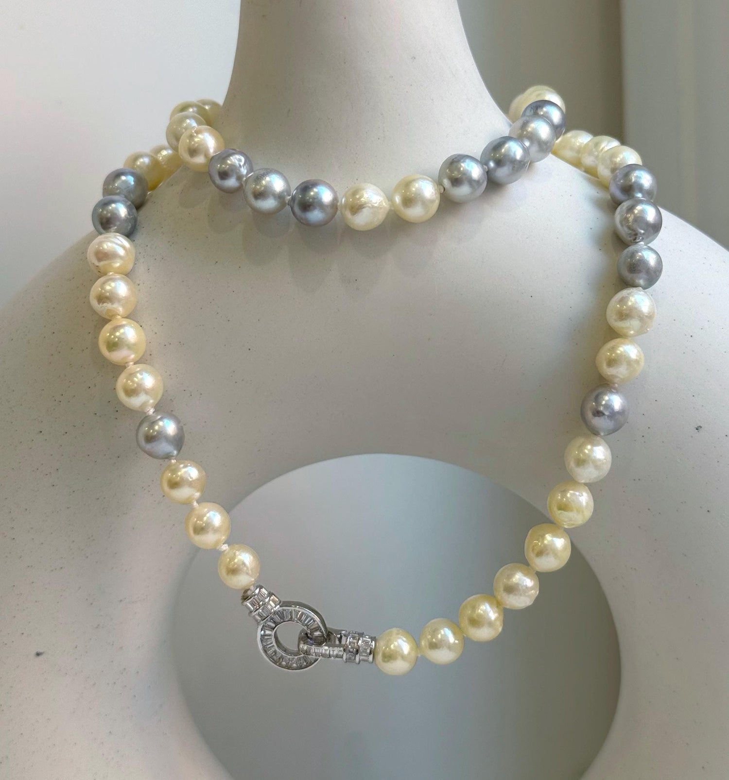 Elly’s 7-7.6mm 62pcs Akoya Silver Golden Ocean pearls necklace choker:  Extreme luster mirrored, knotted 20.1”, S925 silver necklace. gift for her