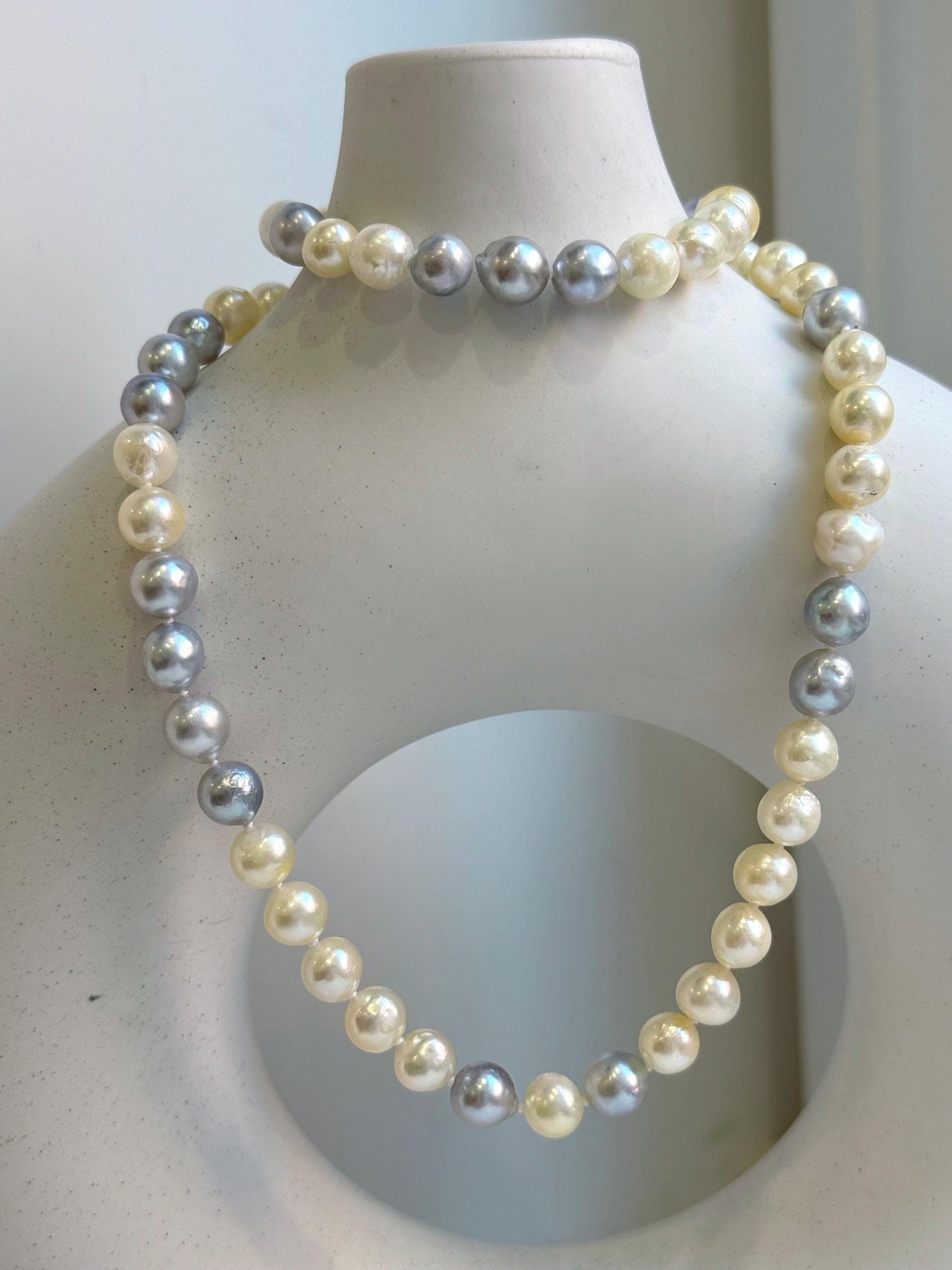 Elly’s 7-7.6mm 62pcs Akoya Silver Golden Ocean pearls necklace choker:  Extreme luster mirrored, knotted 20.1”, S925 silver necklace. gift for her birthday 🎁 pearl necklace