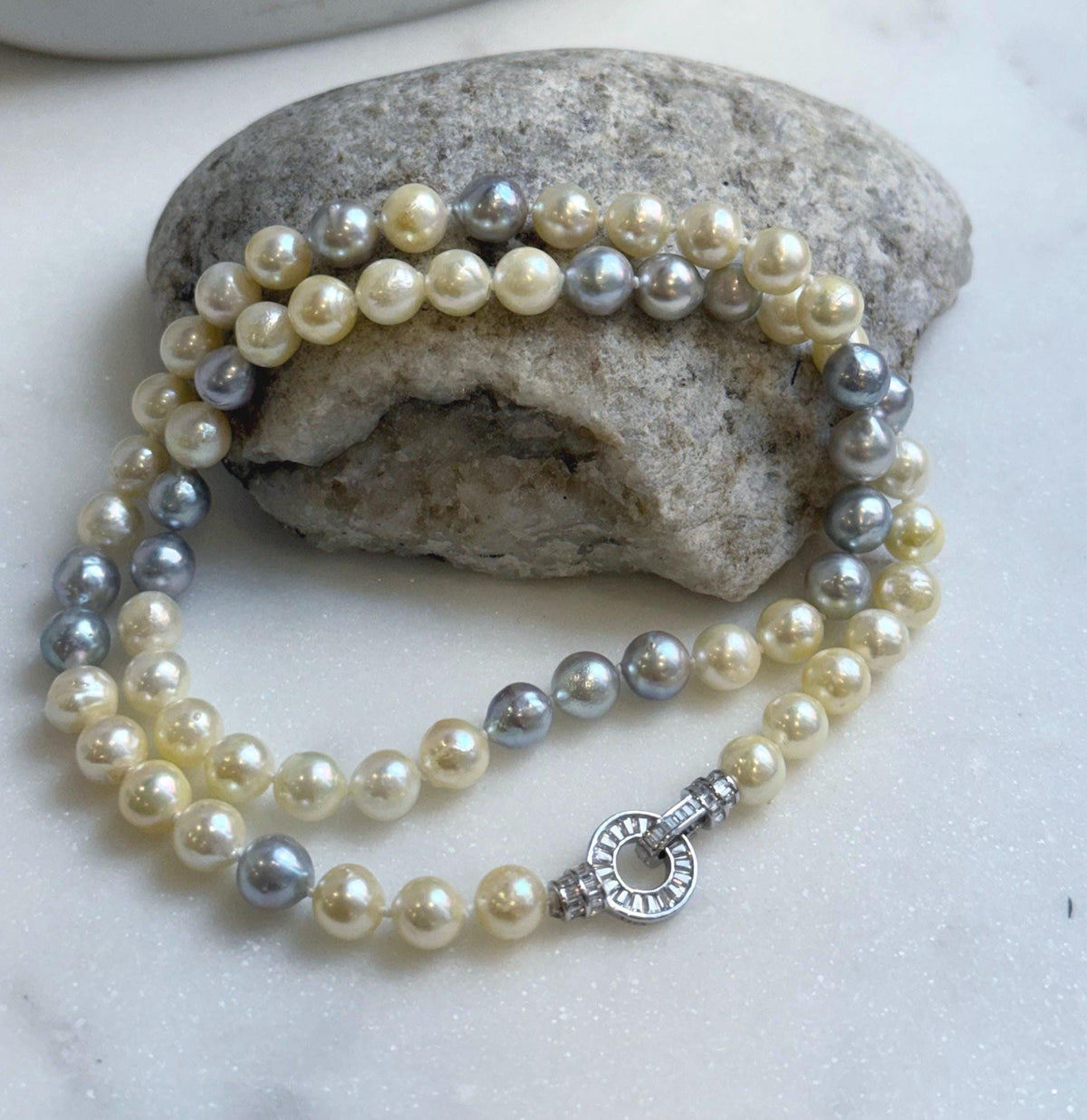 Elly’s 7-7.6mm 62pcs Akoya Silver Golden Ocean pearls necklace choker:  Extreme luster mirrored, knotted 20.1”, S925 silver necklace. gift for her