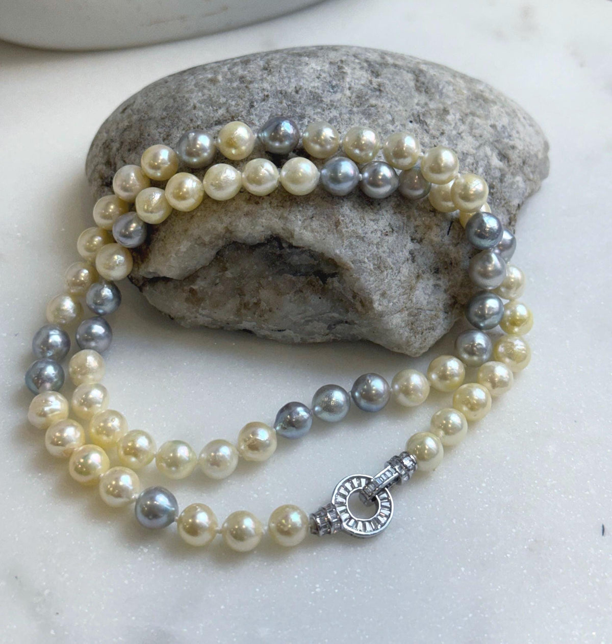 Elly’s 7-7.6mm 62pcs Akoya Silver Golden Ocean pearls necklace choker:  Extreme luster mirrored, knotted 20.1”, S925 silver necklace. gift for her