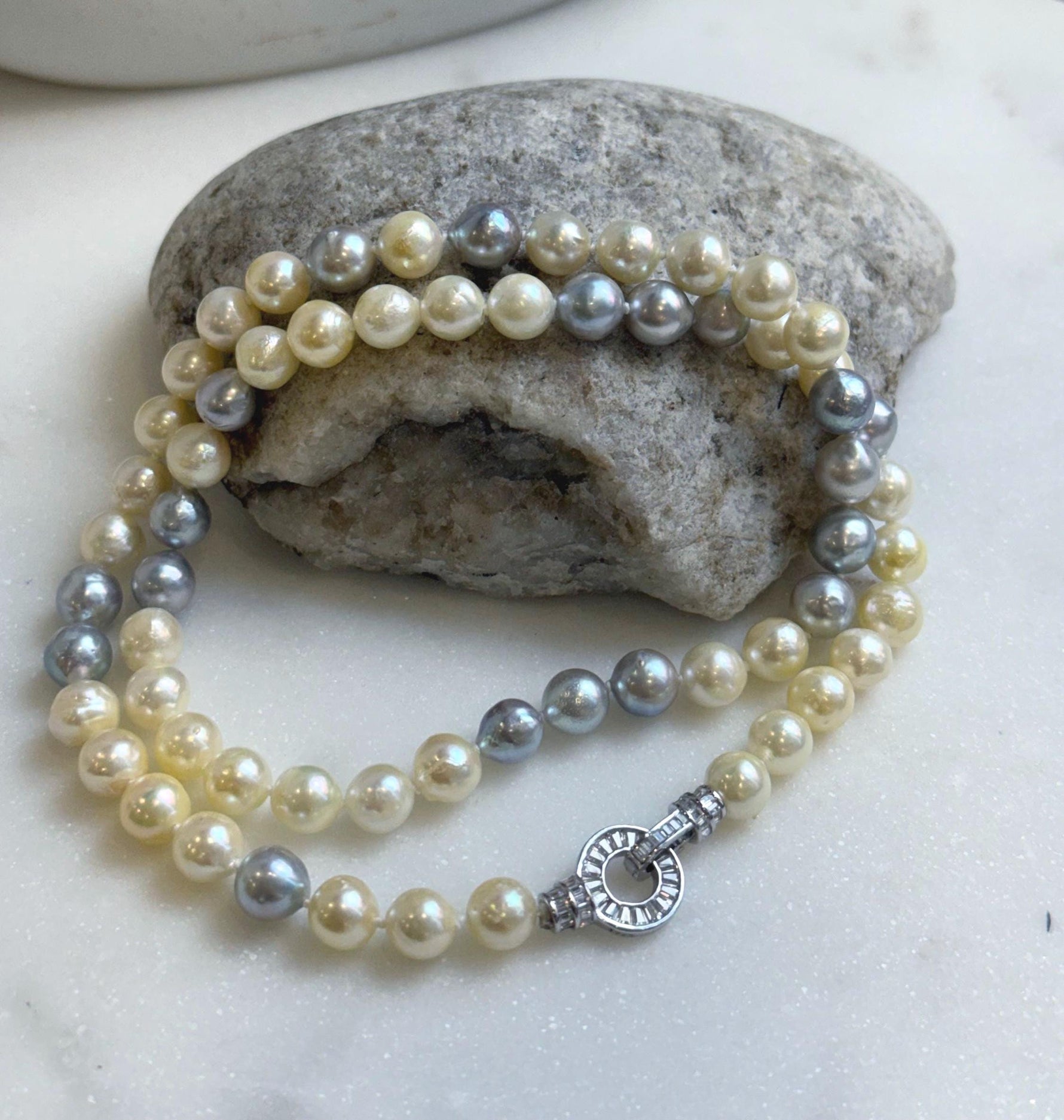 Elly’s 7-7.6mm 62pcs Akoya Silver Golden Ocean pearls necklace choker:  Extreme luster mirrored, knotted 20.1”, S925 silver necklace. gift for her